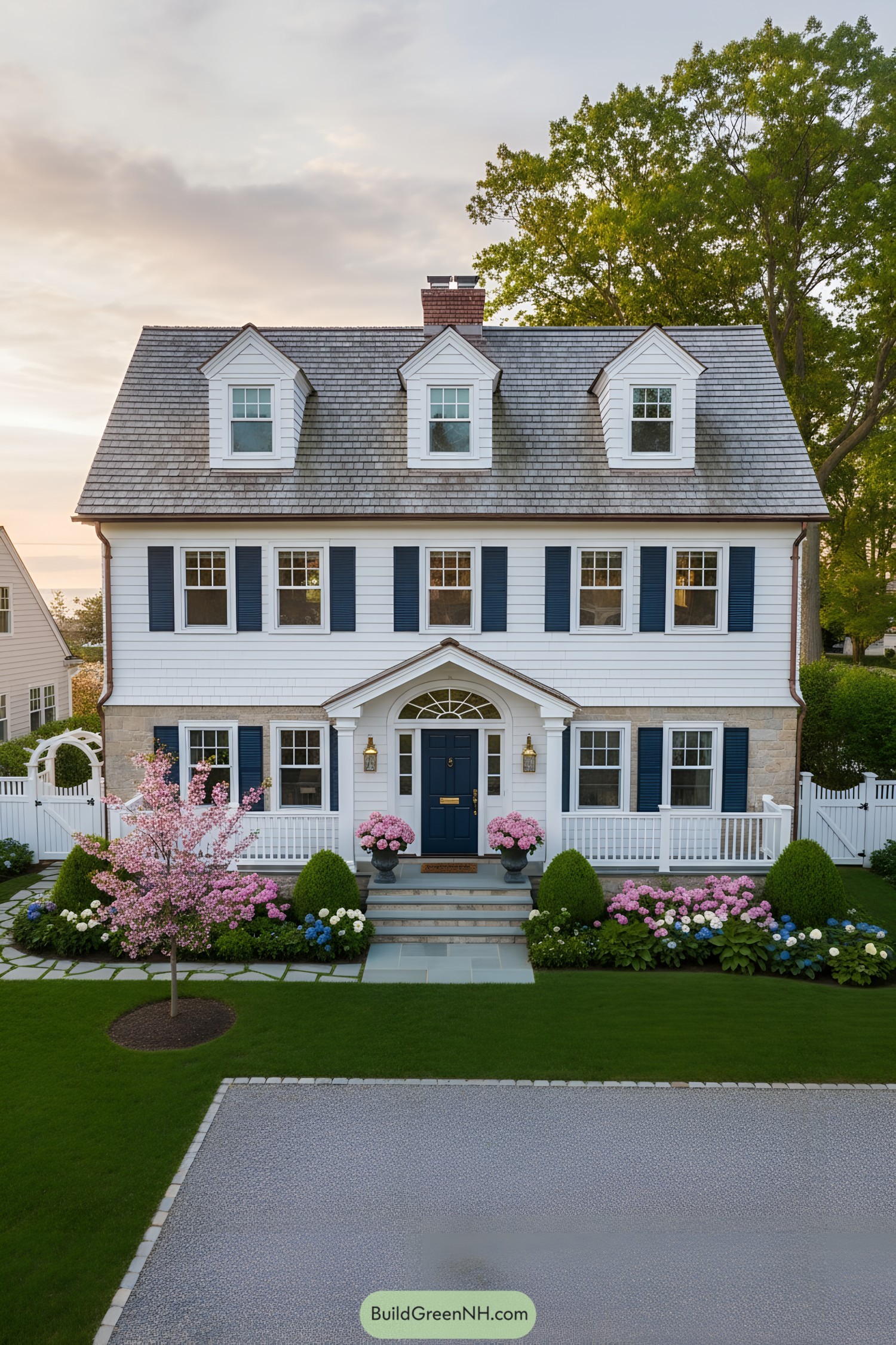 White clapboard house with blue shutters, gambrel roof, and manicured flower beds