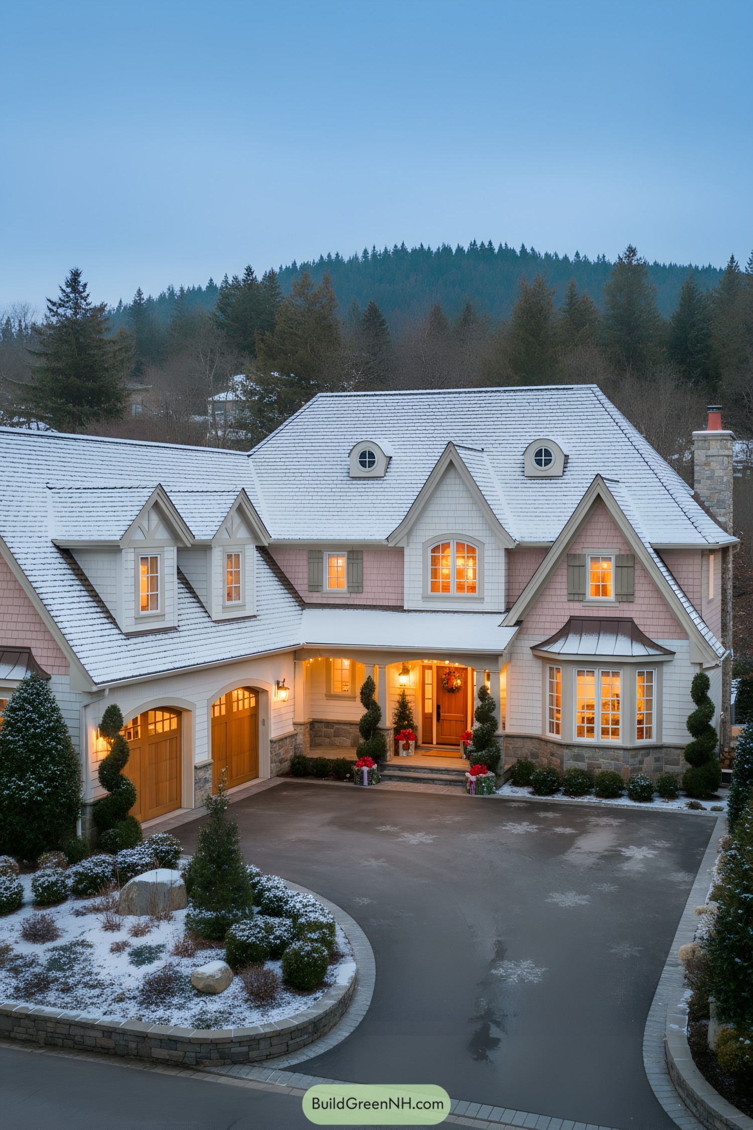 Snow-dusted shingle house with warm lights