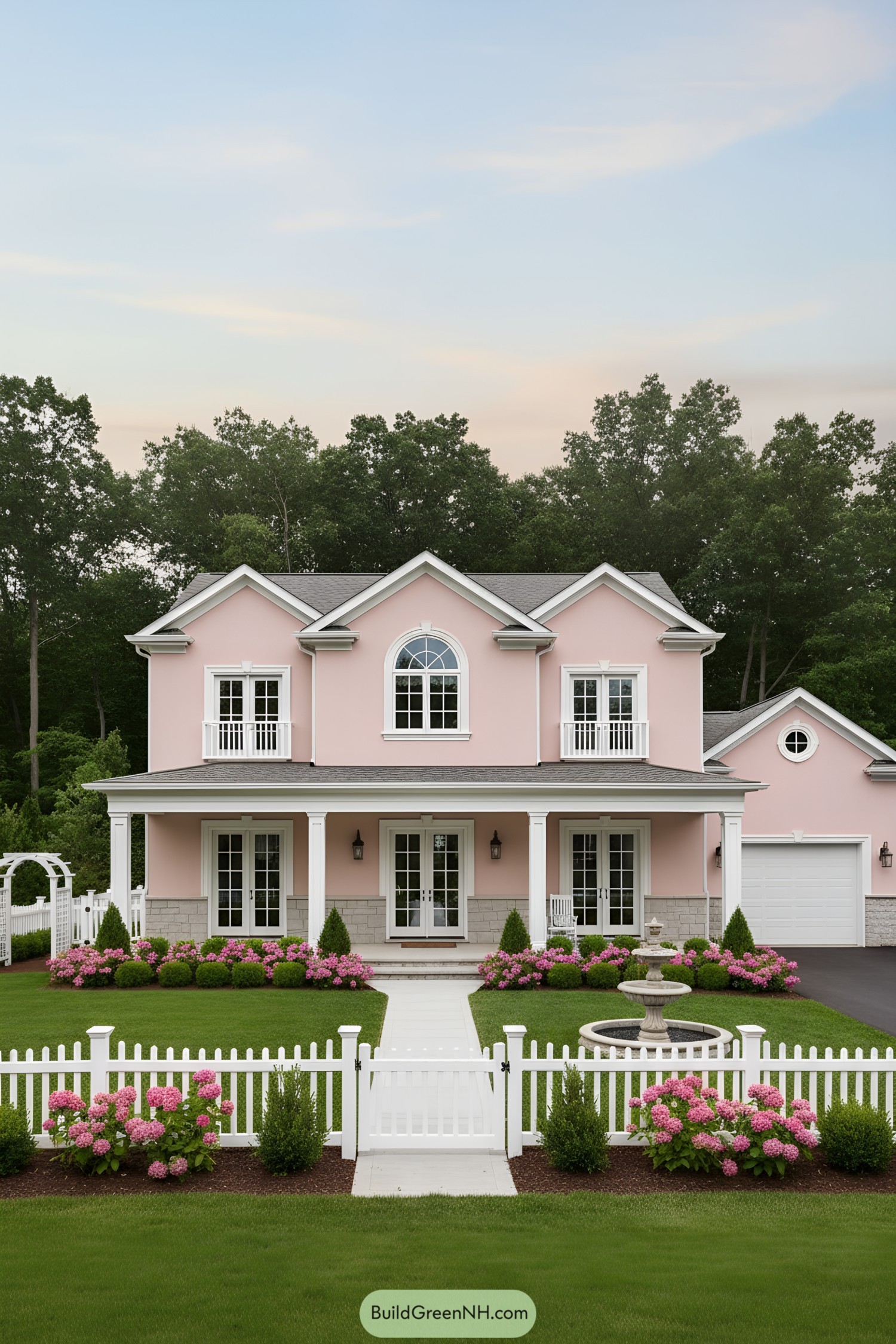 Pink colonial facade with porch, balconies, and white picket fence