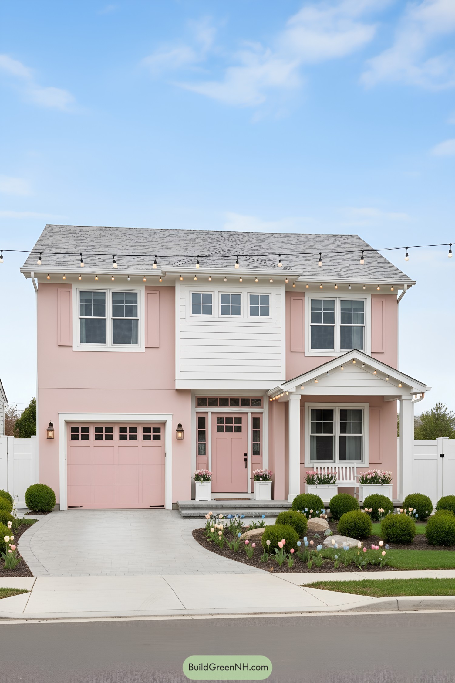 Pink two-story cottage with white trim, porch, and manicured garden