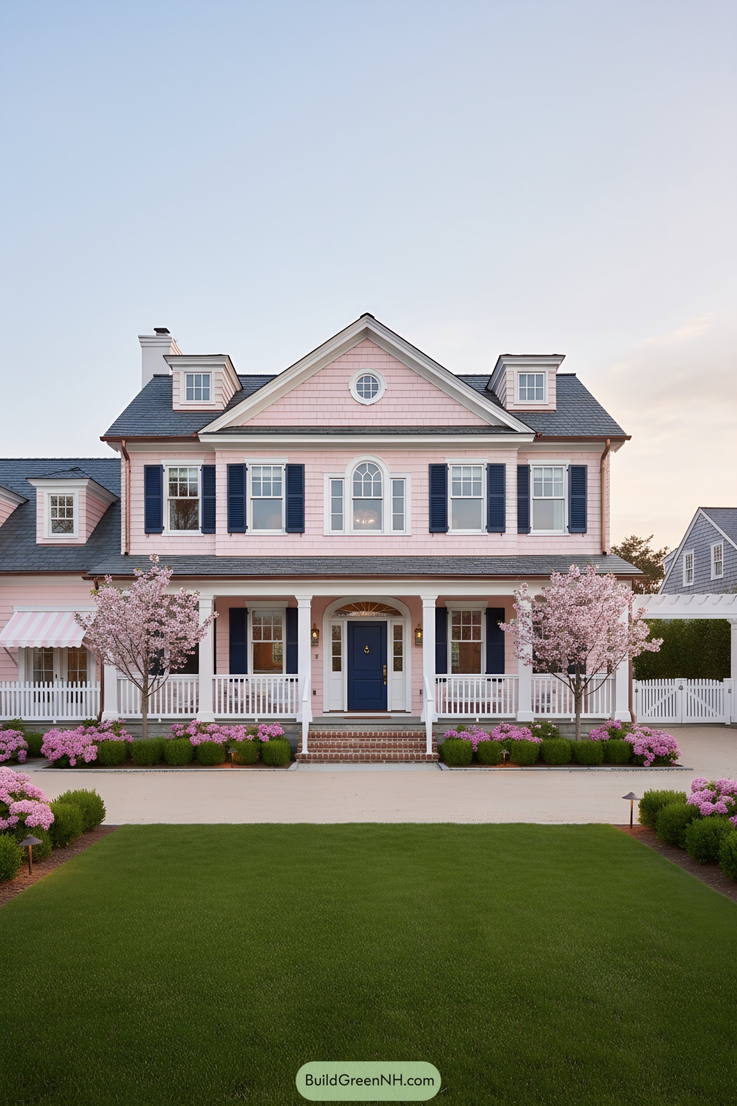 Pink-shingled colonial with navy shutters and porch