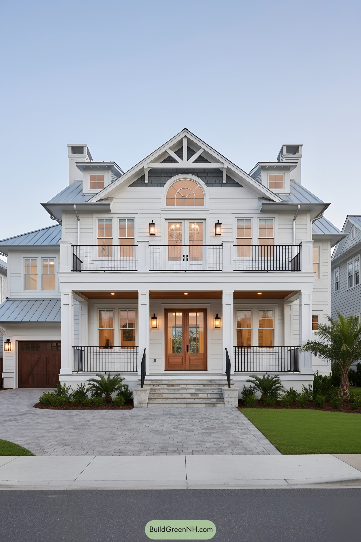 White coastal home with metal roof and twin balconies
