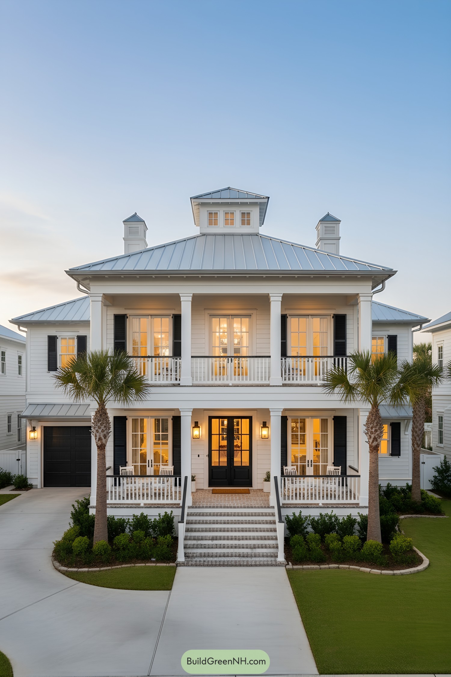 White coastal house with metal roof, double porches, and black shutters