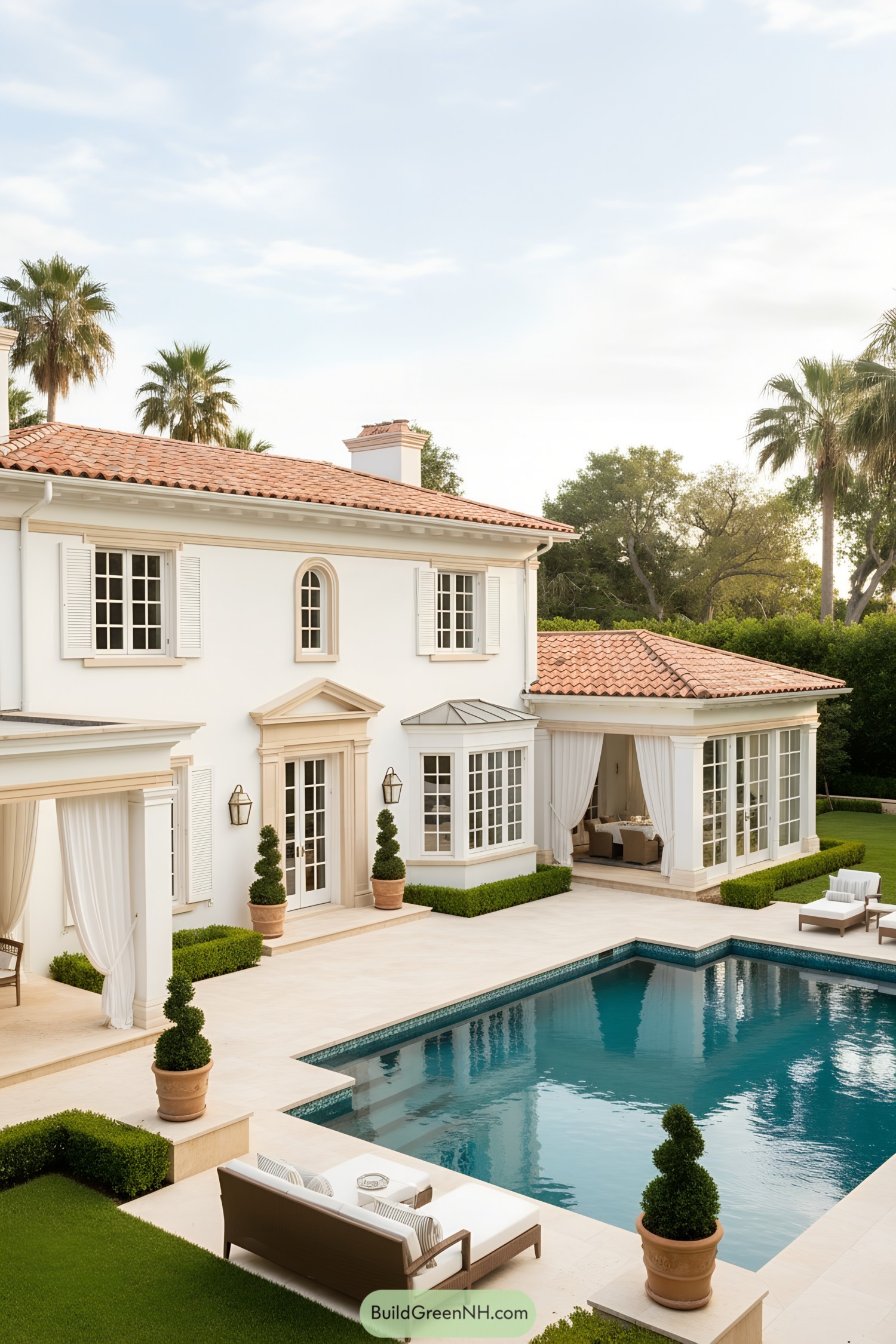 White stucco villa with terracotta roof, shuttered windows, and a formal pool courtyard