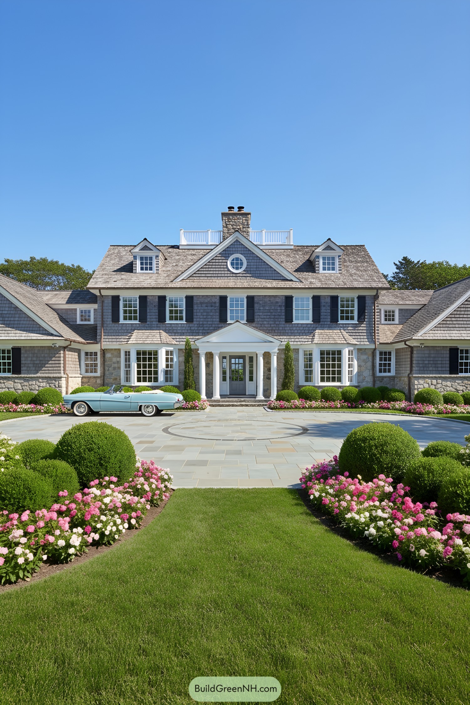 Grand shingle-clad manor with columned portico, dormers, and manicured circular drive