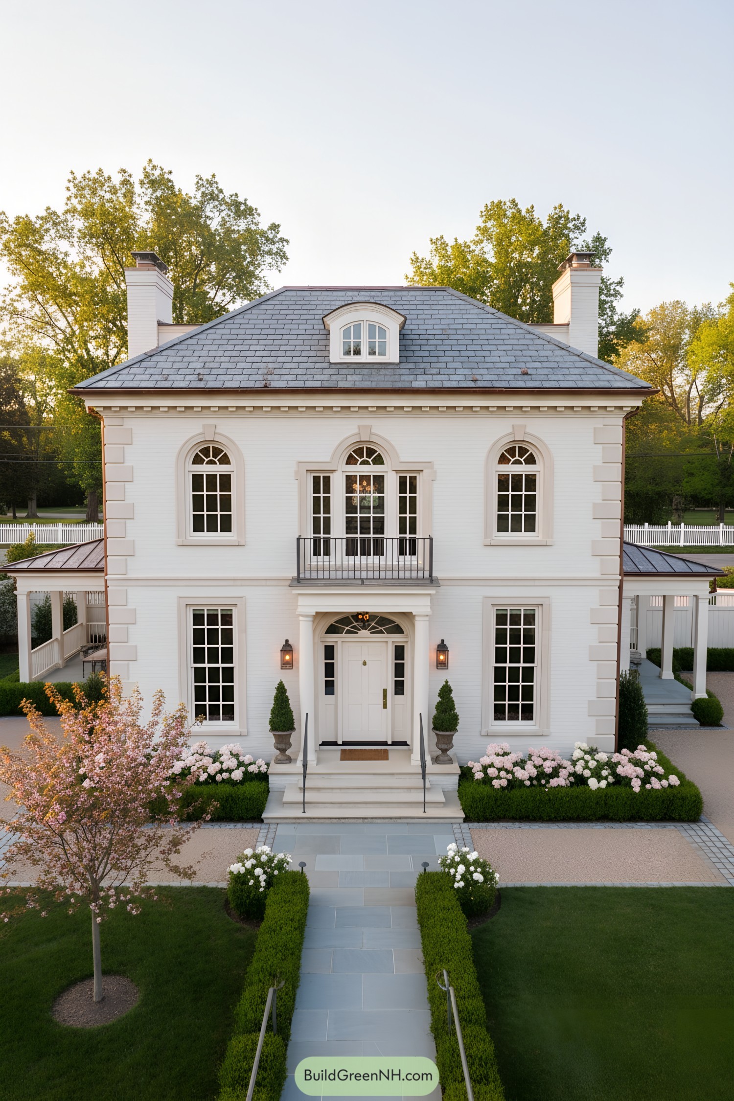 White brick manor with arched windows and slate roof