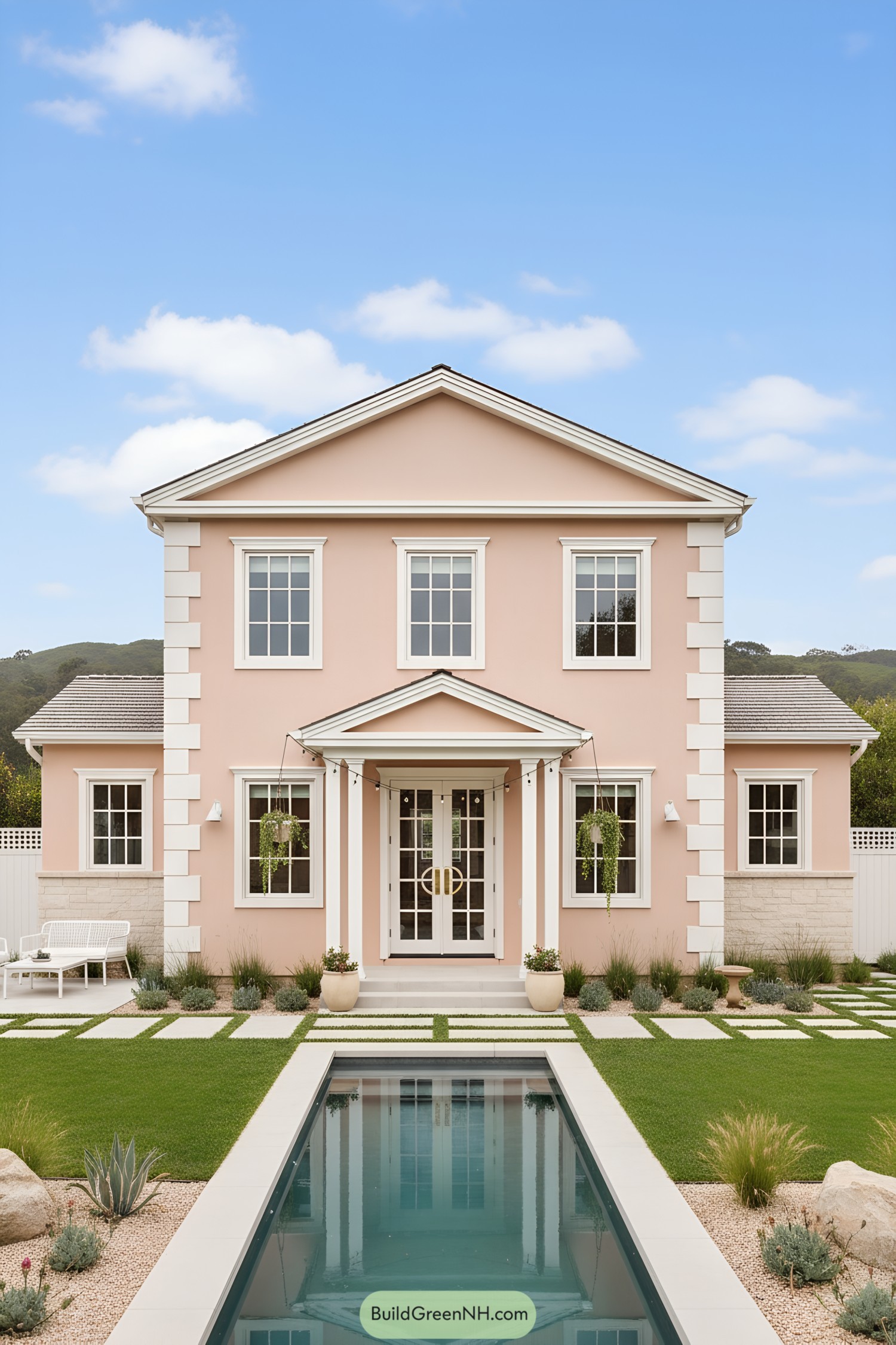 Pink stucco villa with classic portico, white trim, and a narrow reflecting pool leading to double doors