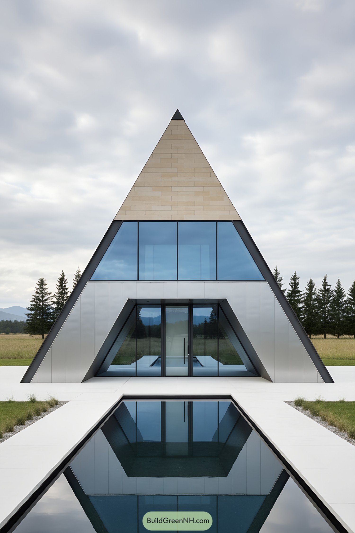 Pyramid-shaped modern house with glass facade and reflecting pool
