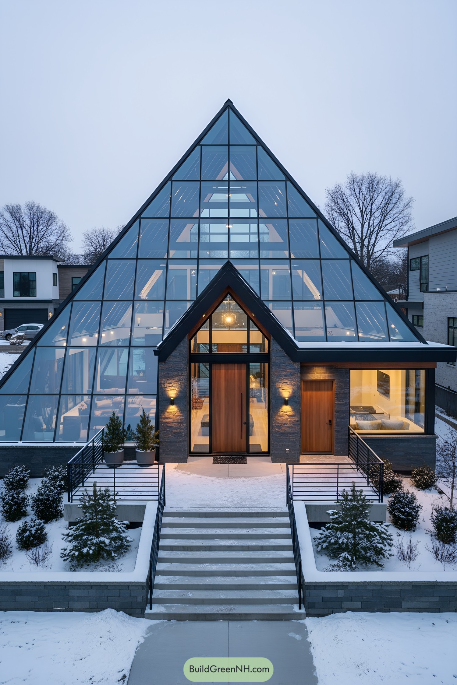 Glass pyramid home with warm wood entry