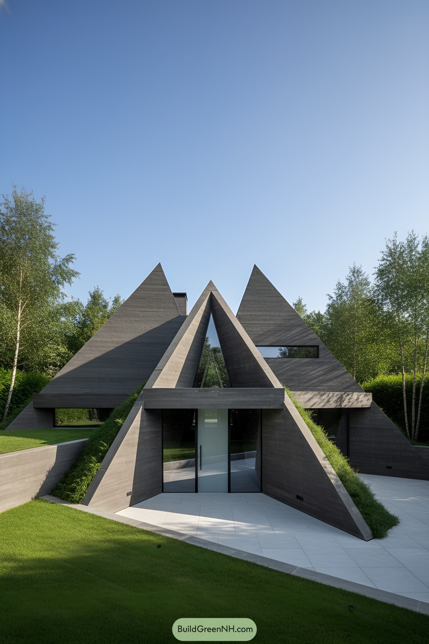 Pyramid-like concrete home with angular peaks and green berms