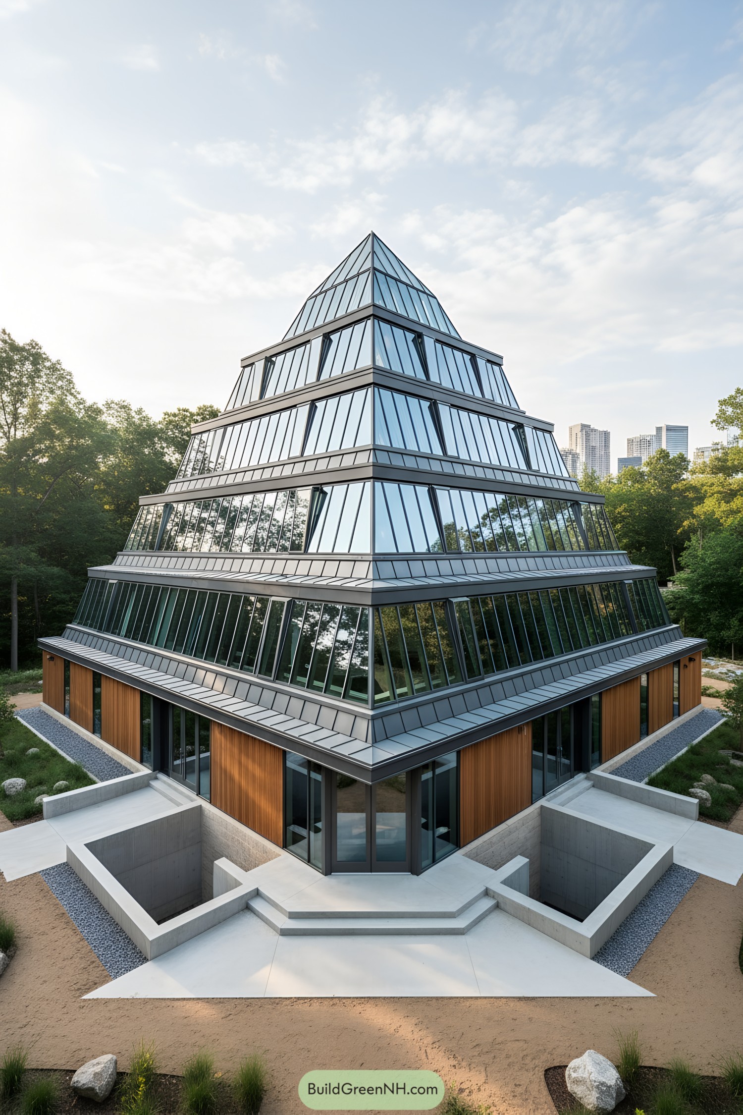 Tiered glass-and-metal pyramid house with wood base in a landscaped garden