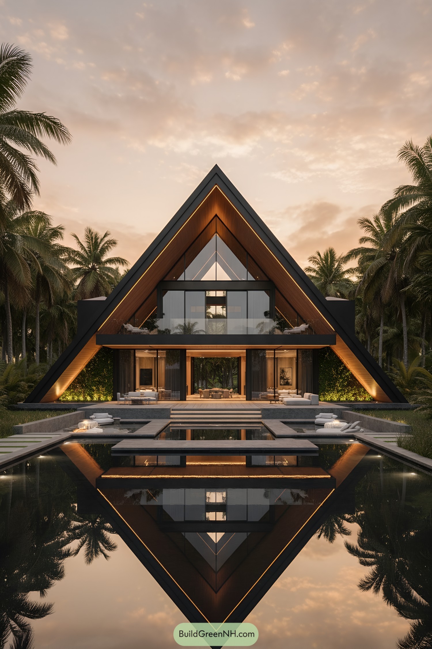 Modern A-frame pyramid house with pool reflection at sunset