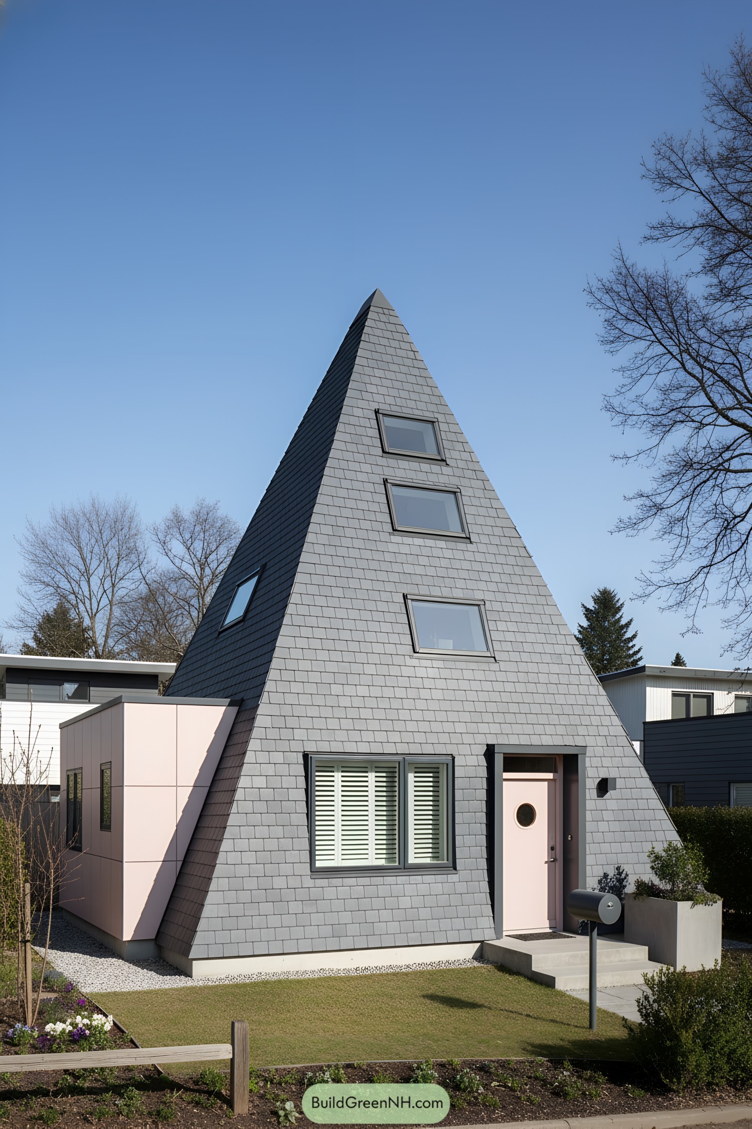 Pyramid house with gray shingles and pink accents