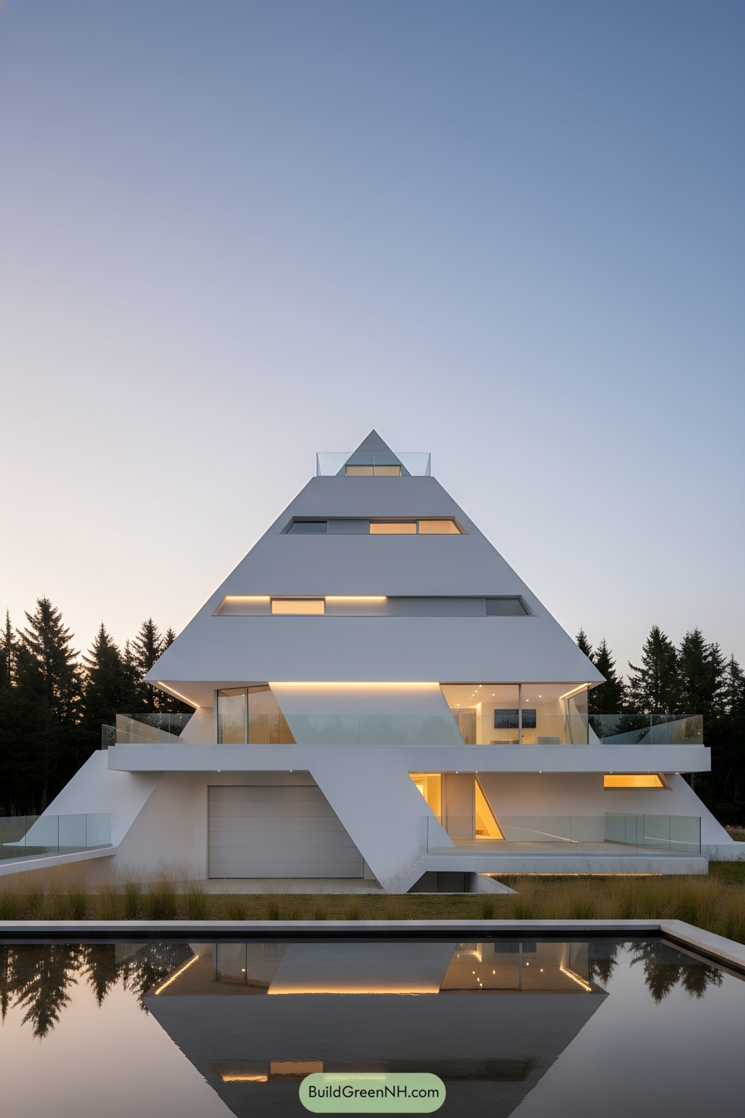 Modern white pyramid house with tiered terraces and warm lighting