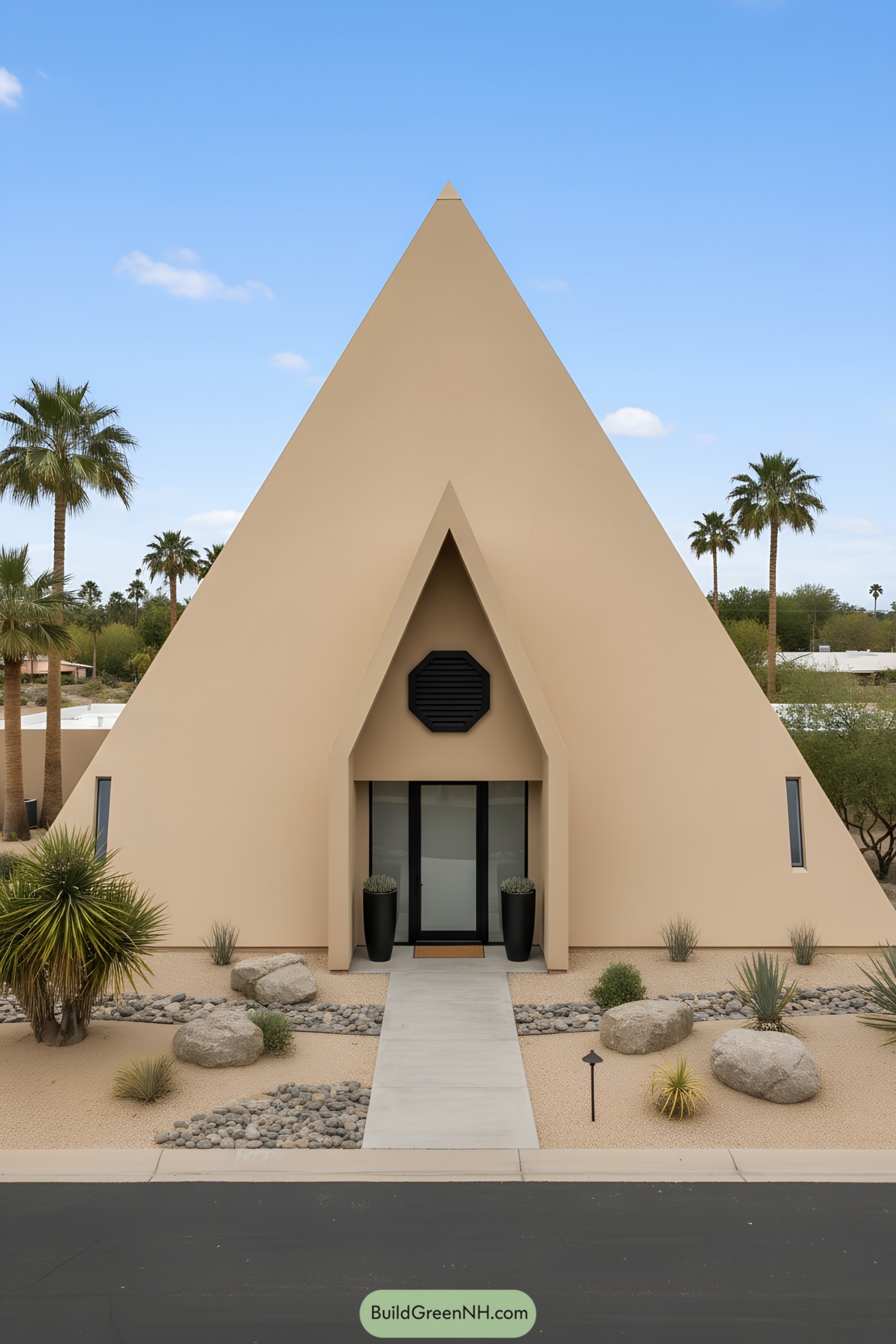 Beige pyramid house with minimalist desert landscaping