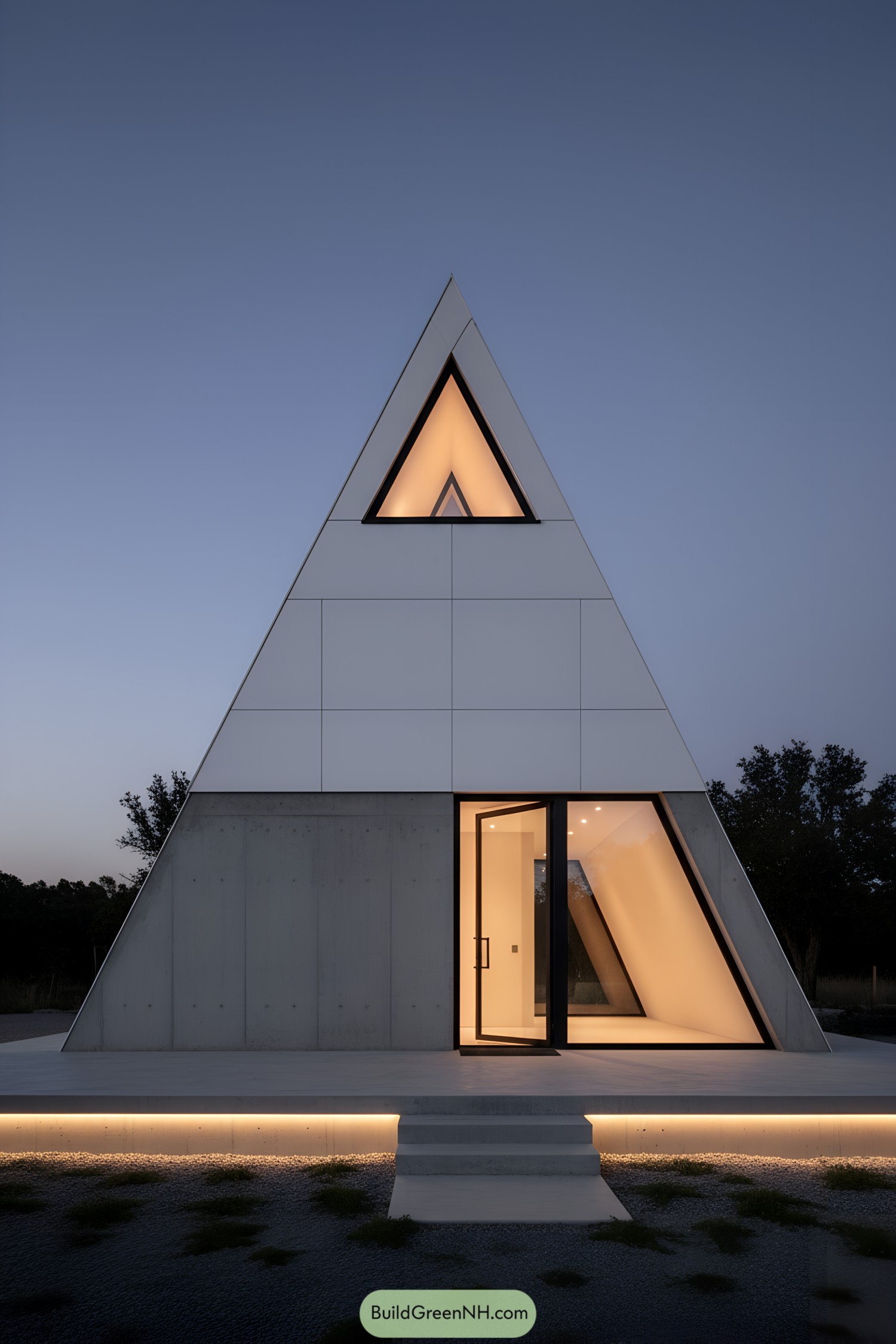 Modern pyramid home with glowing triangular window and open glass entry at dusk