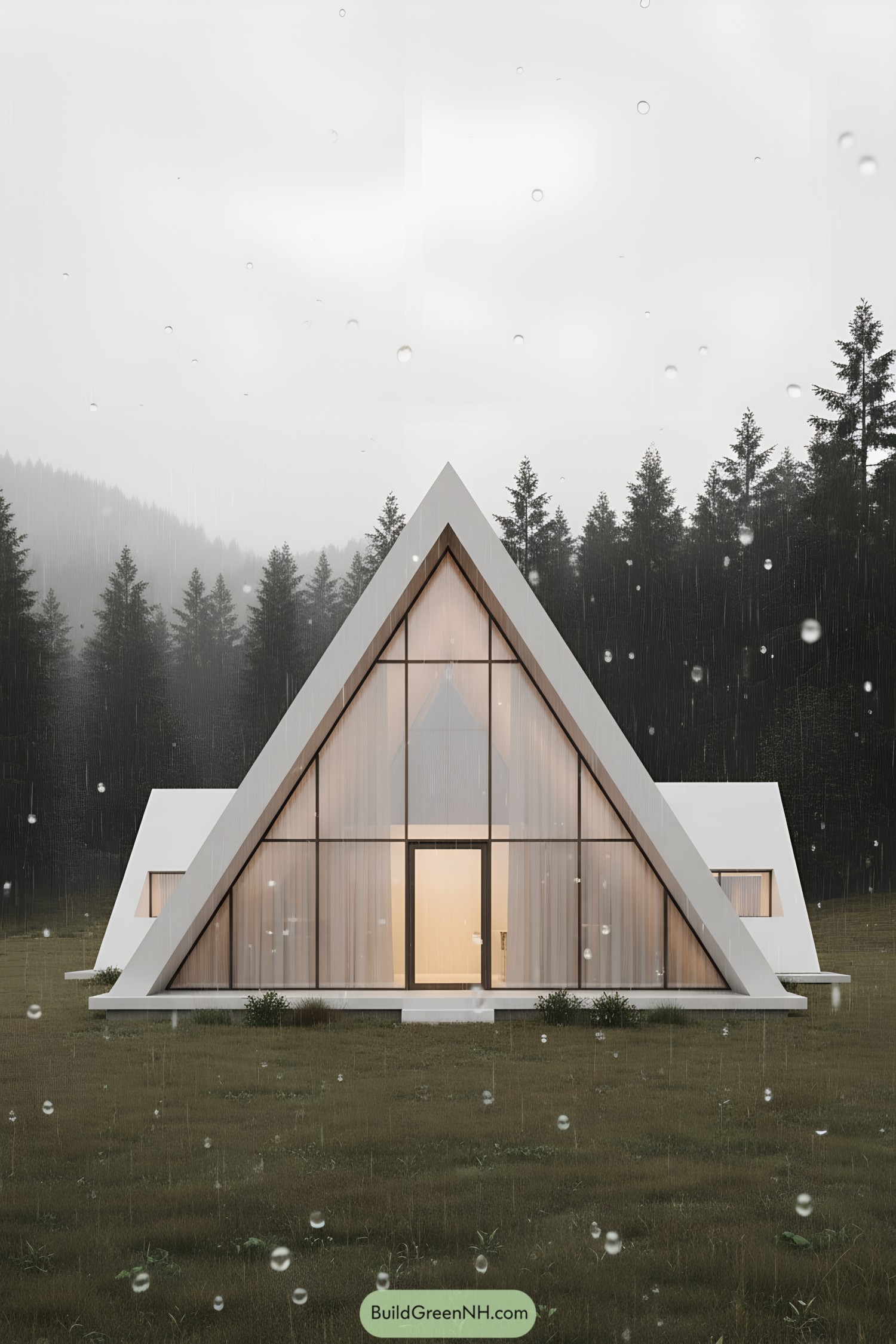 A-frame glass-front home in rainy forest