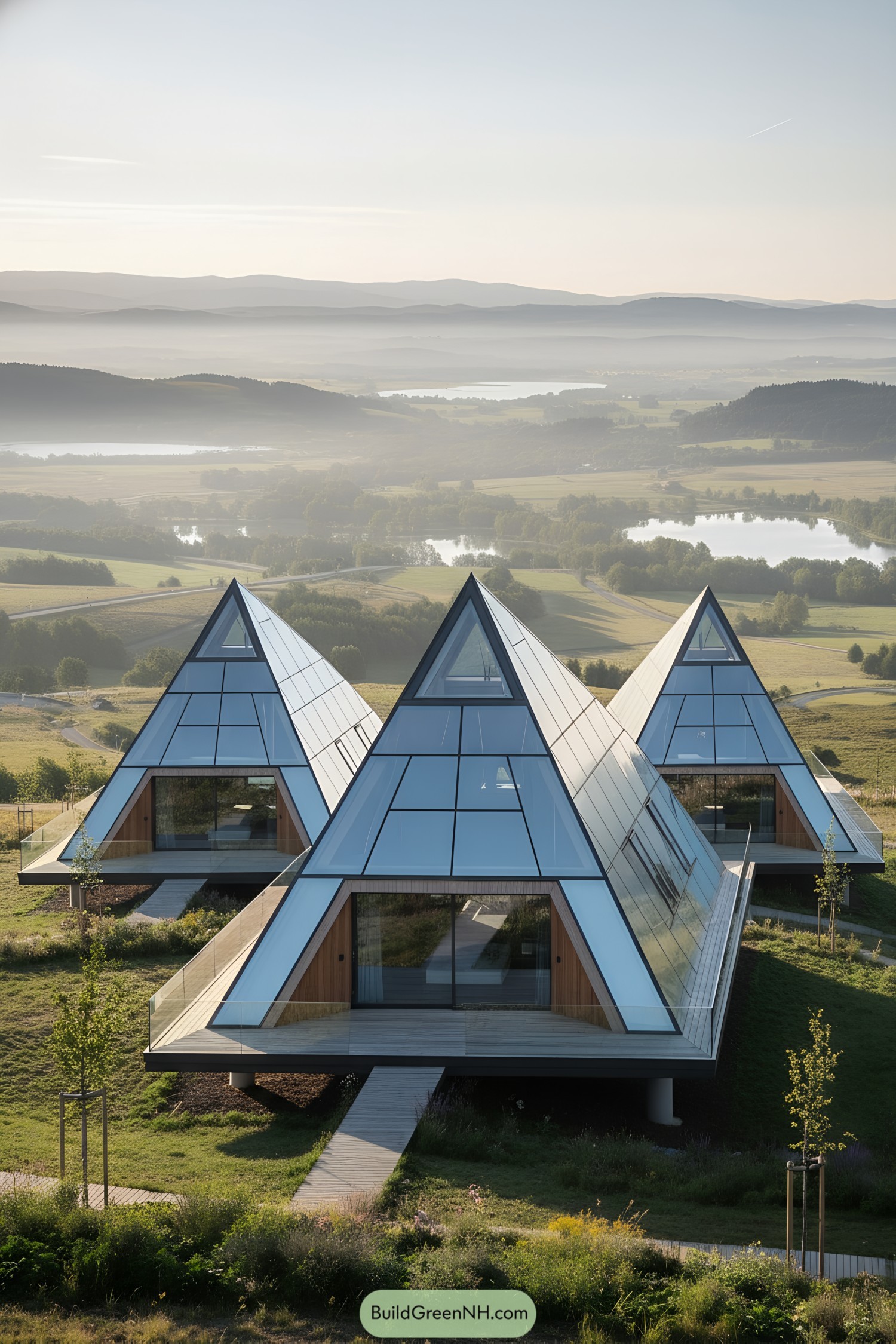 Three glass pyramid villas on a hillside overlooking lakes and rolling valleys at sunrise
