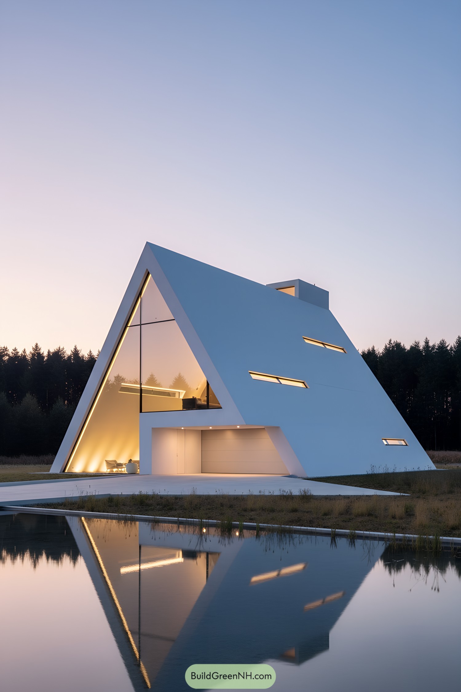 Minimalist white pyramid home beside reflecting pool at dusk