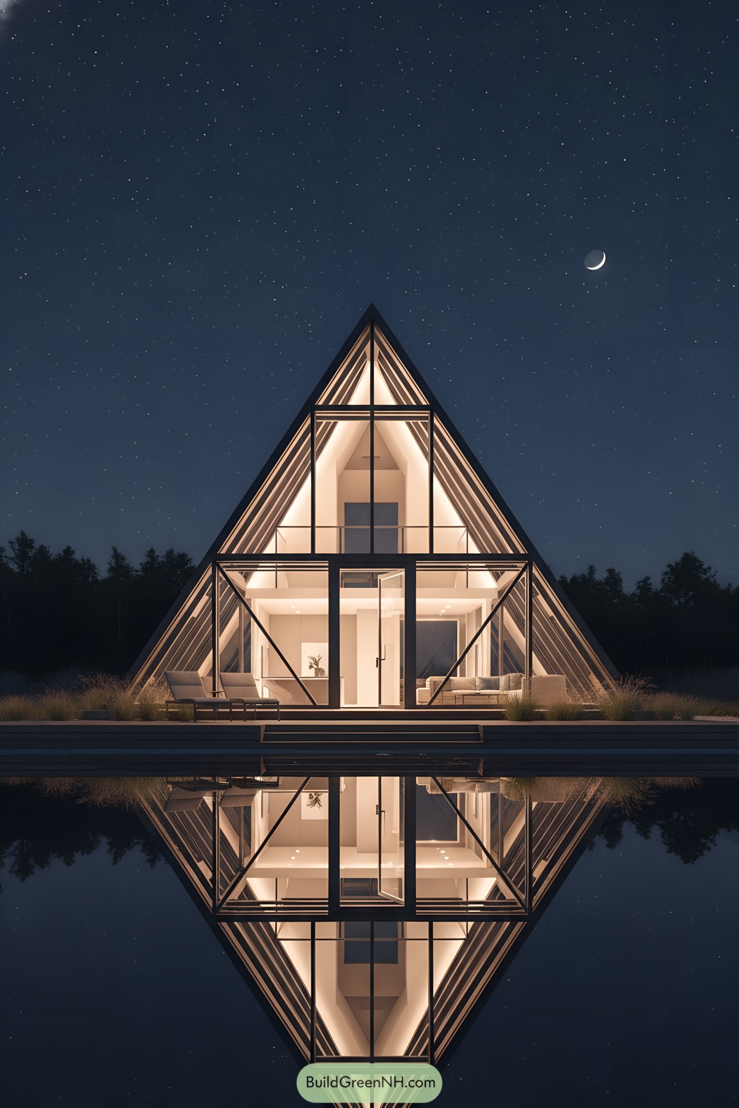 Triangular glass house glowing at night beside still water with a perfect reflection
