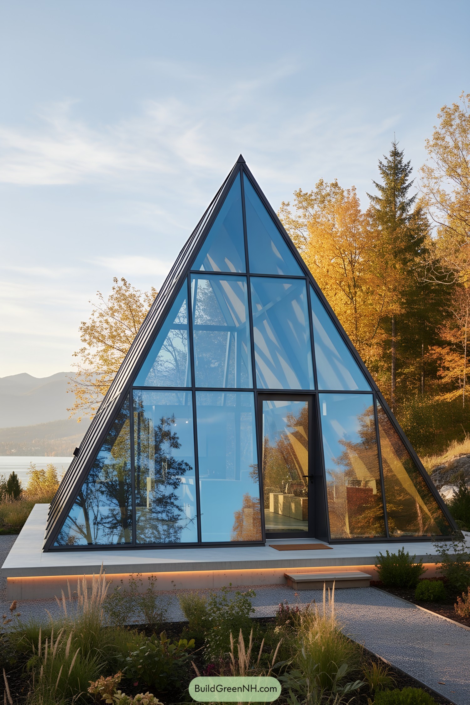 Glass pyramid cabin by a lake