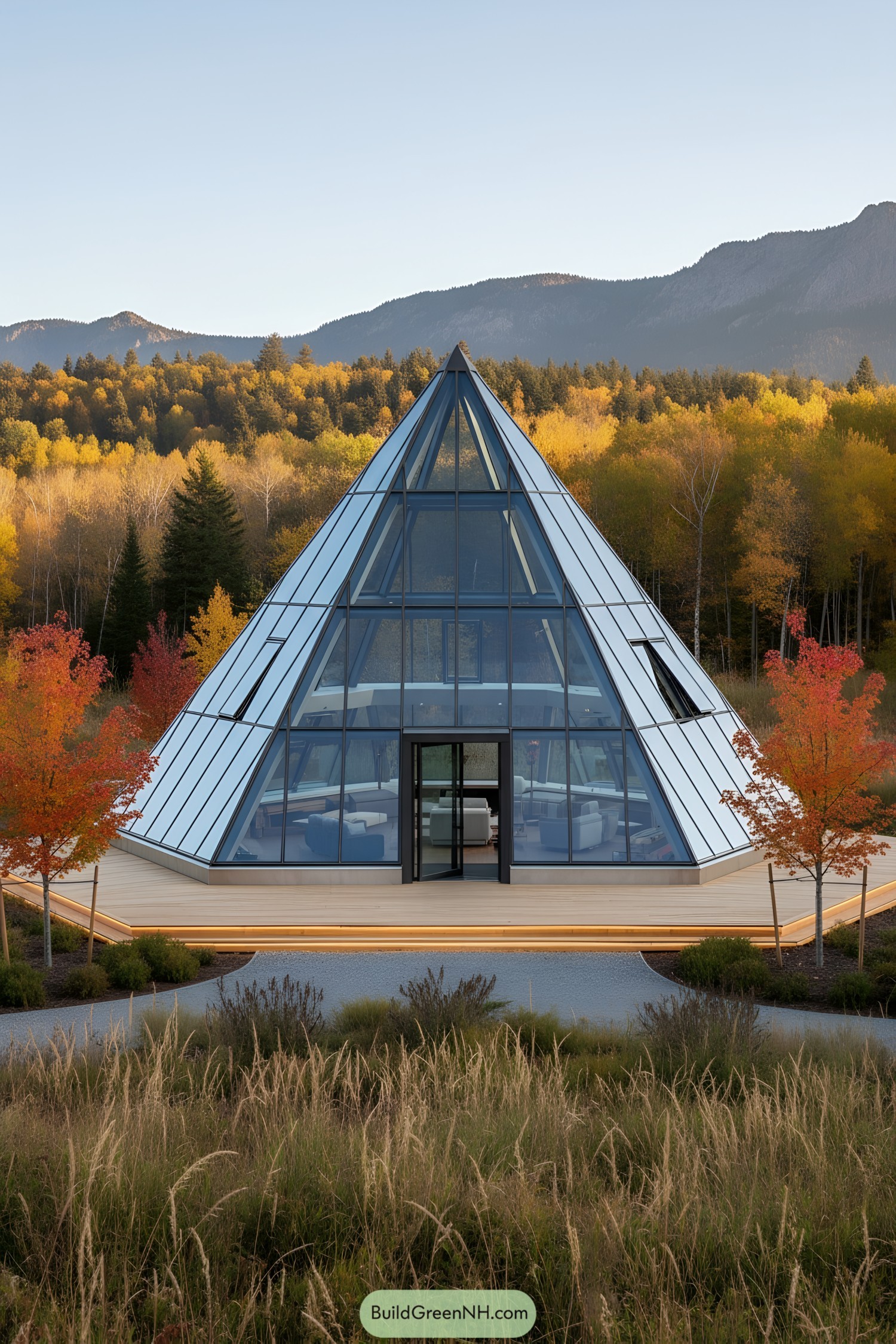 Glass pyramid home with mountain backdrop