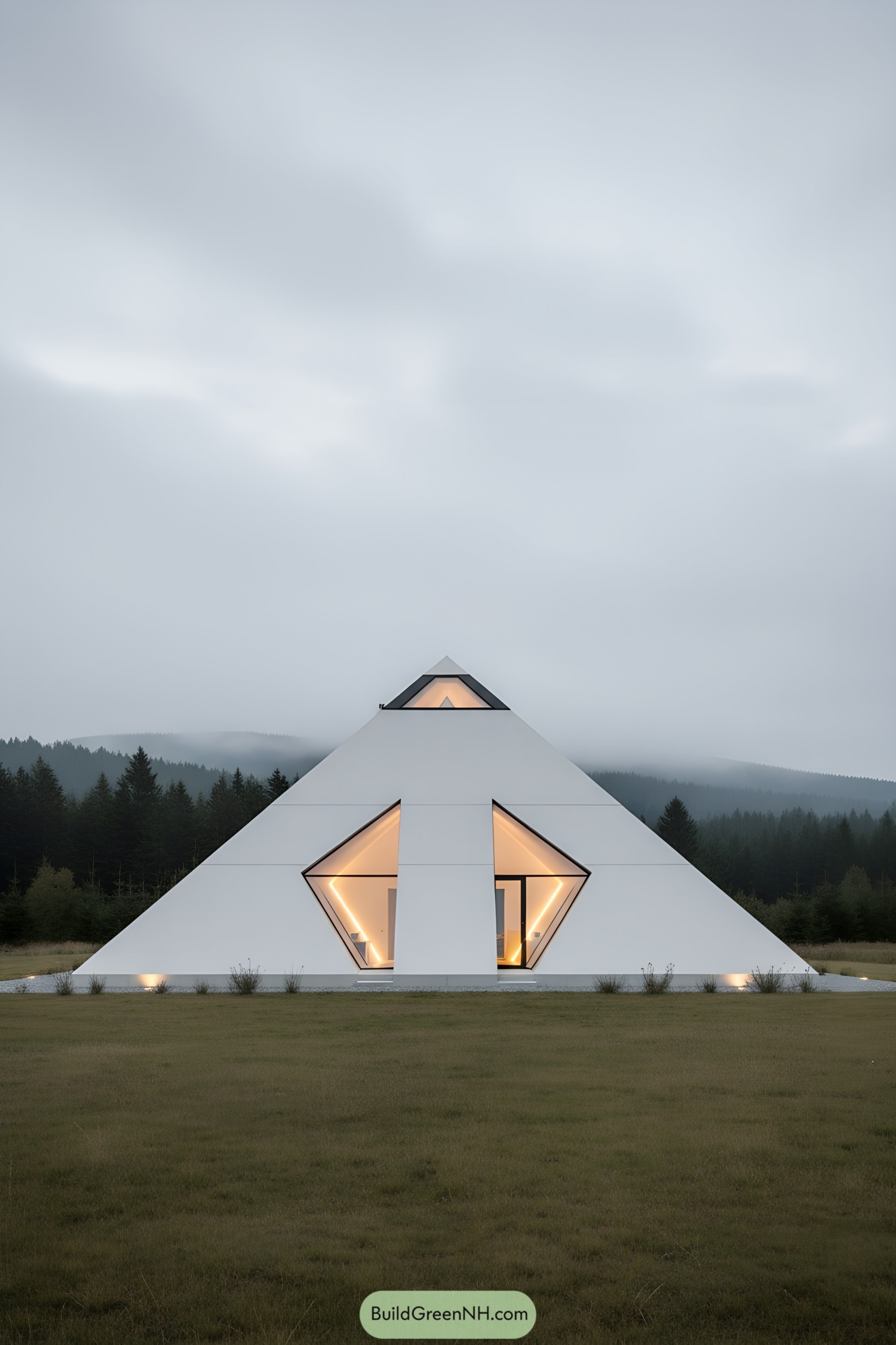 White pyramid house with glowing triangular windows