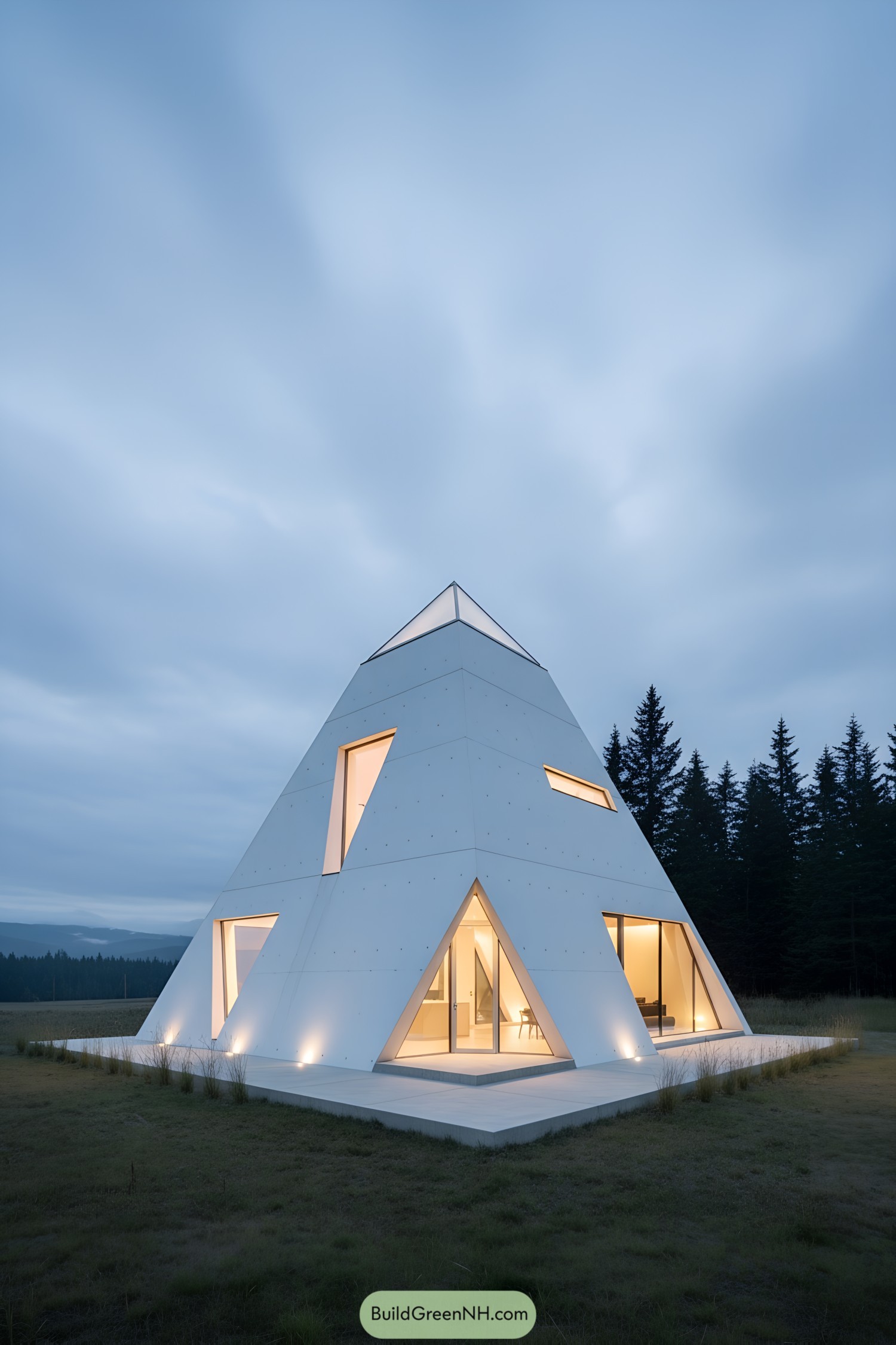 Modern pyramid house with glowing windows at dusk