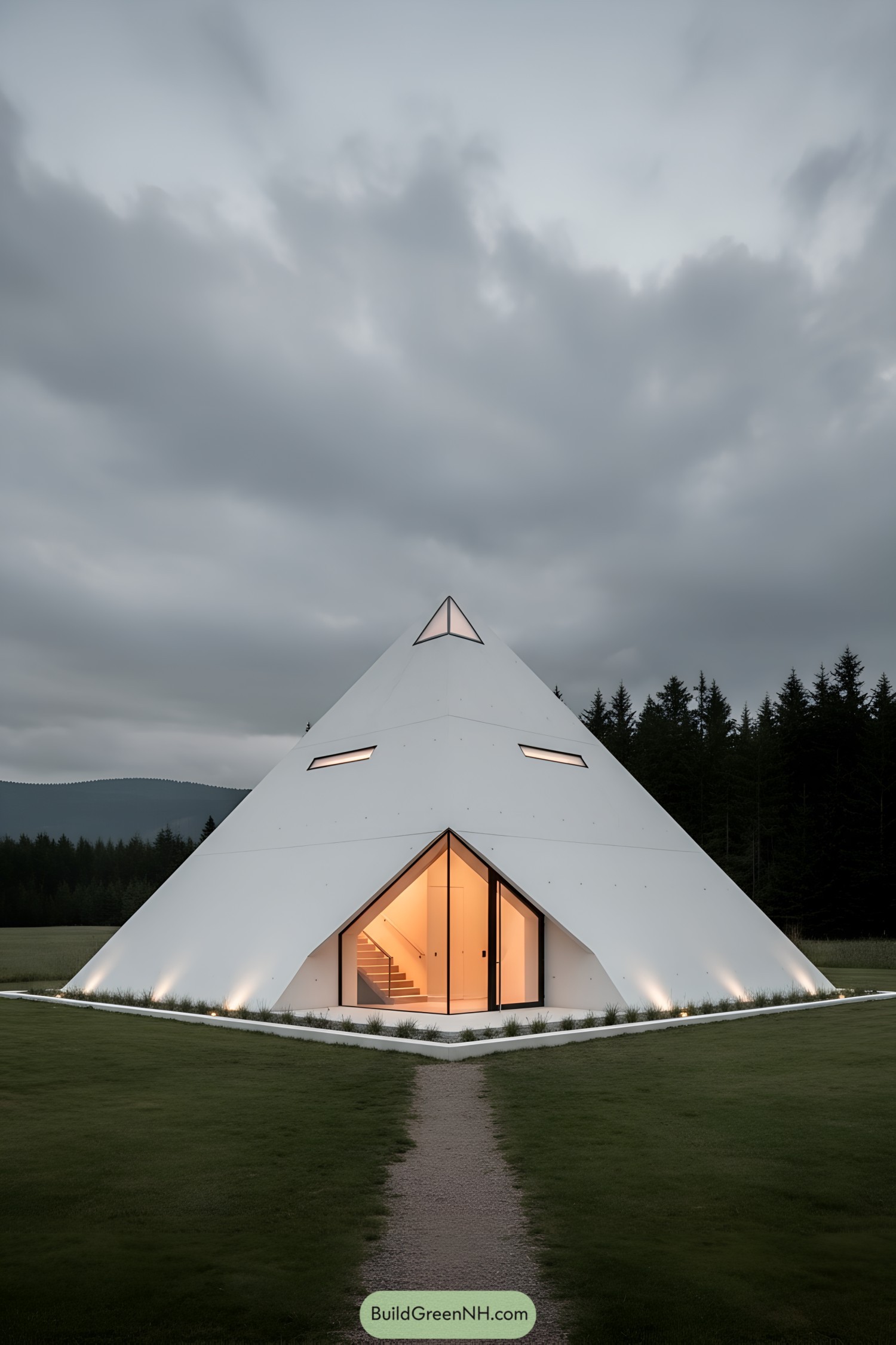 Modern white pyramid house with warm-lit entry and slim skylights at dusk