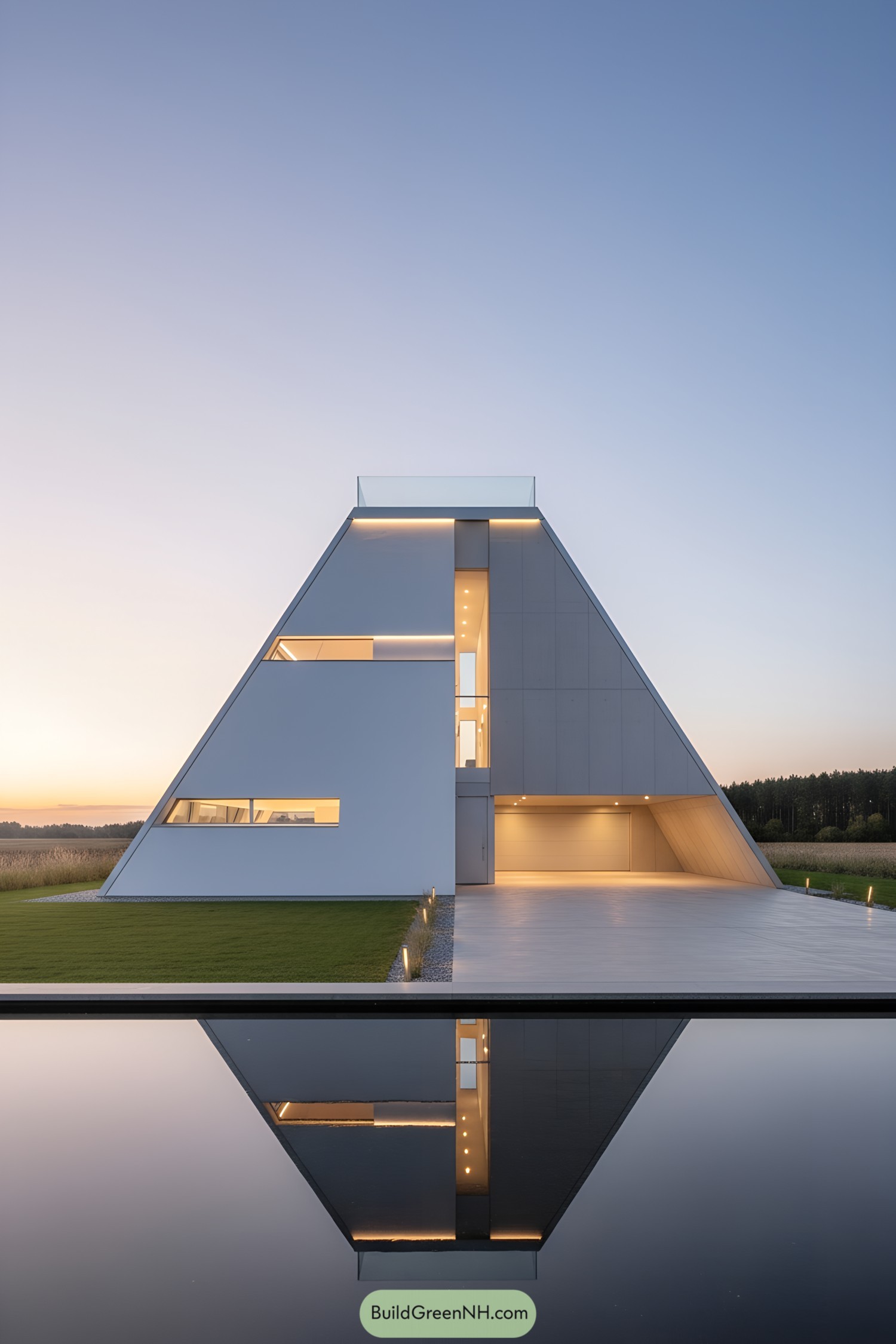 Modern pyramid home with sharp lines and warm lighting by a reflecting pool at dusk