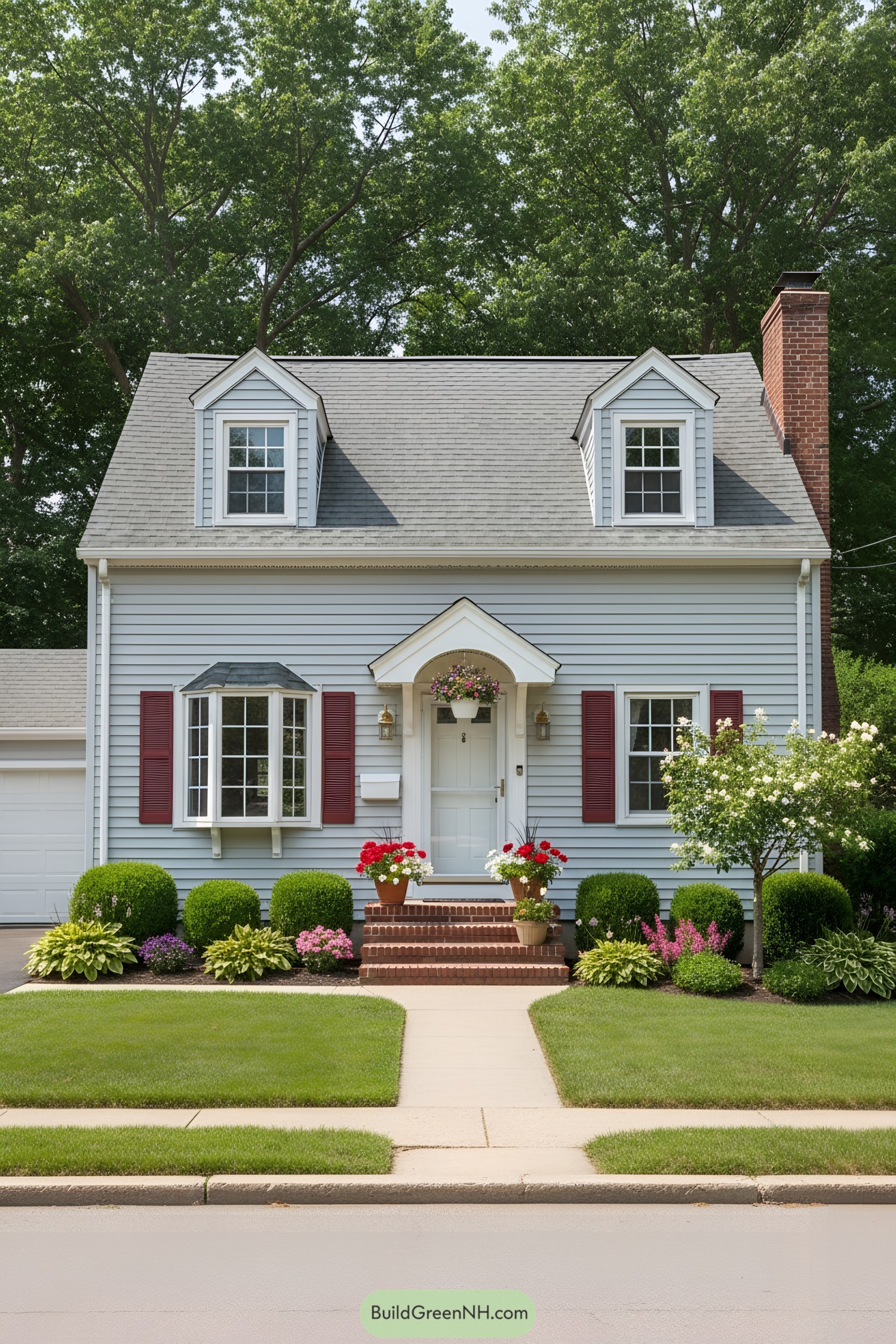Light gray cottage with red shutters