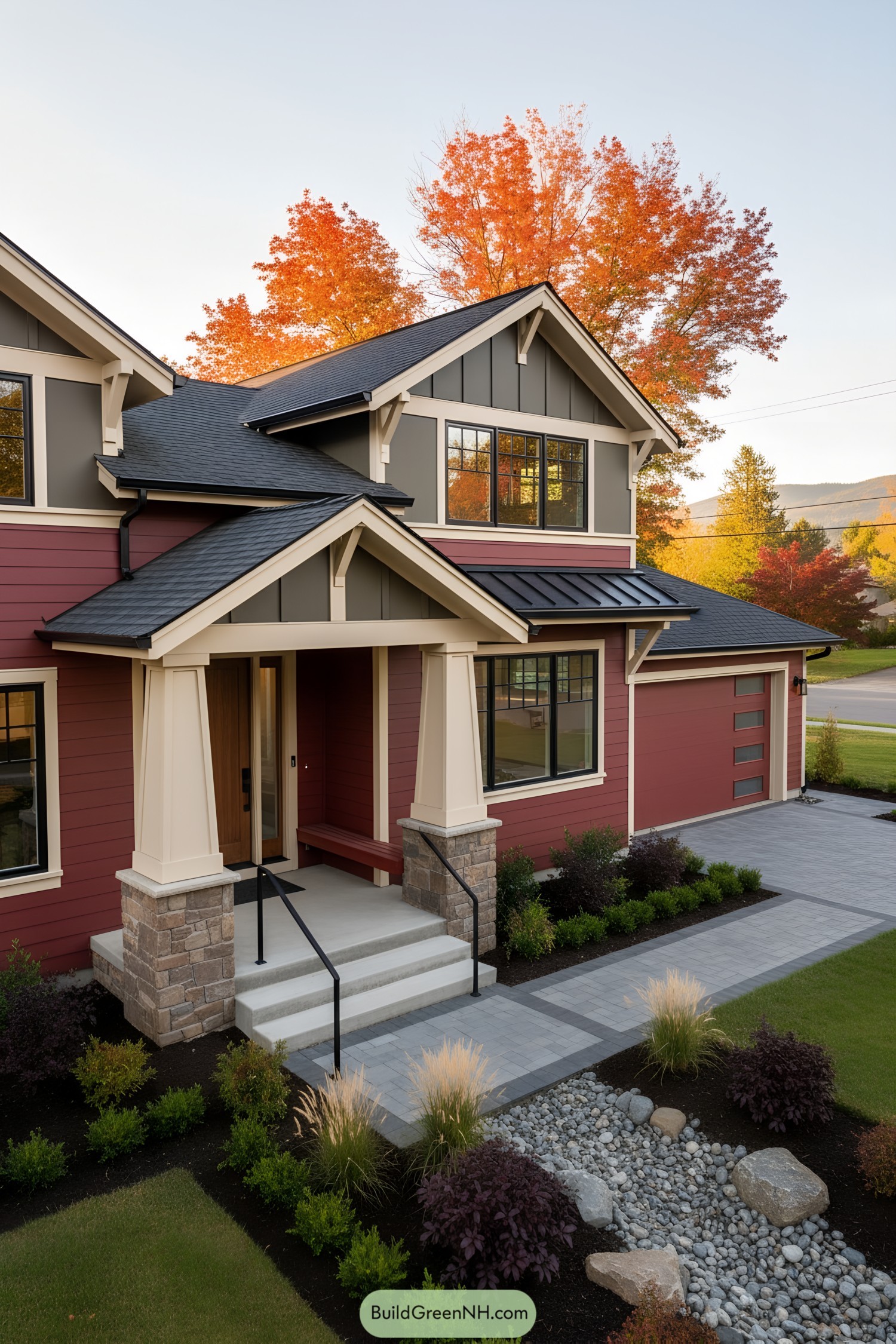 Red and taupe Craftsman-style home exterior with stone base and black metal roof details