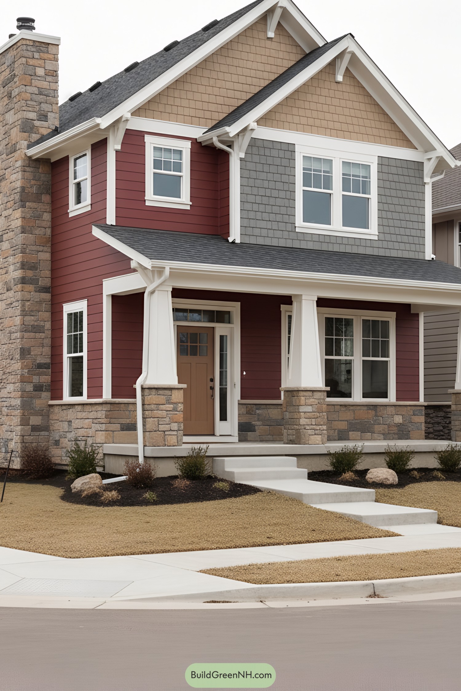 Red craftsman home with stone and shingle accents