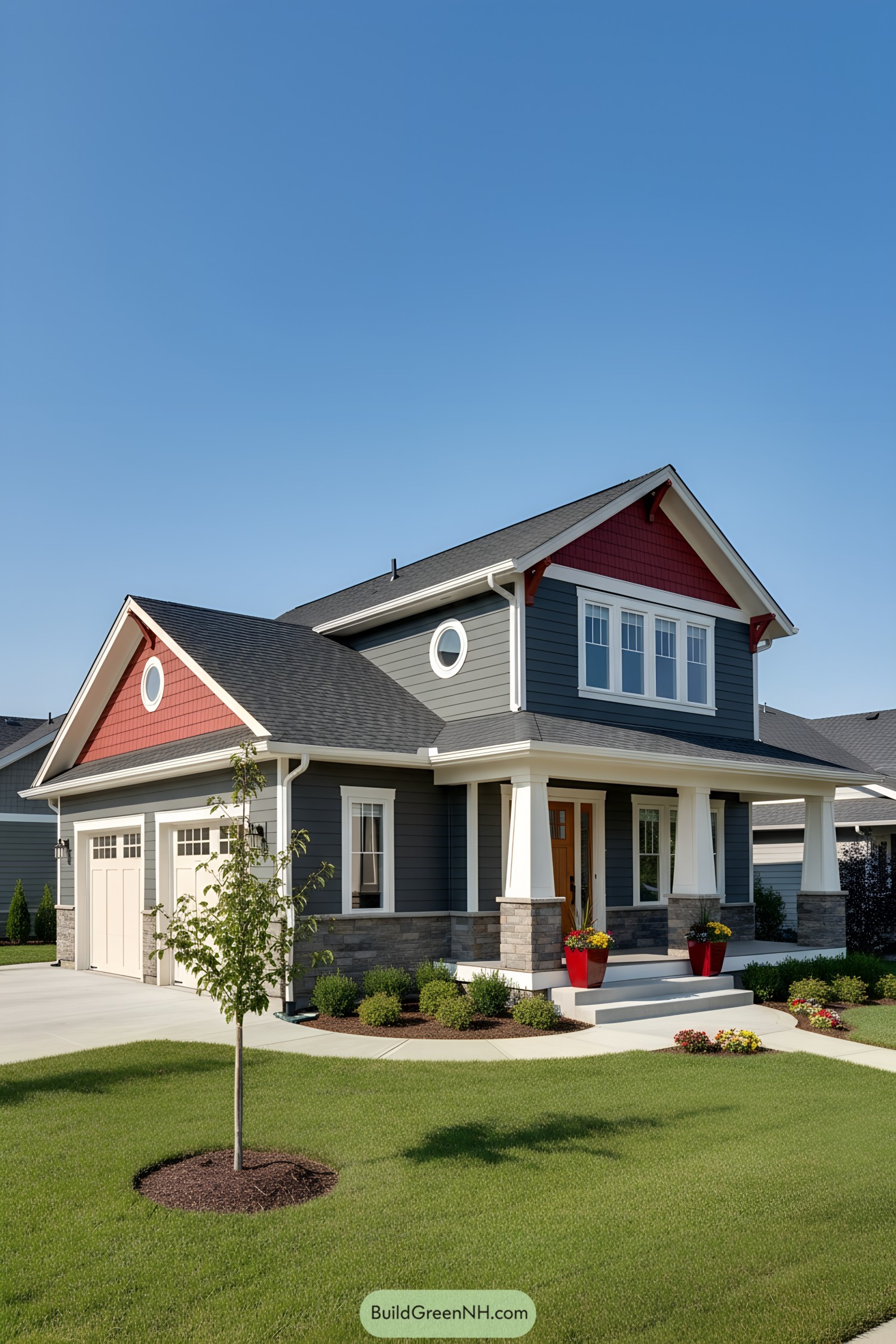 Gray craftsman house with red gable accents and white trim