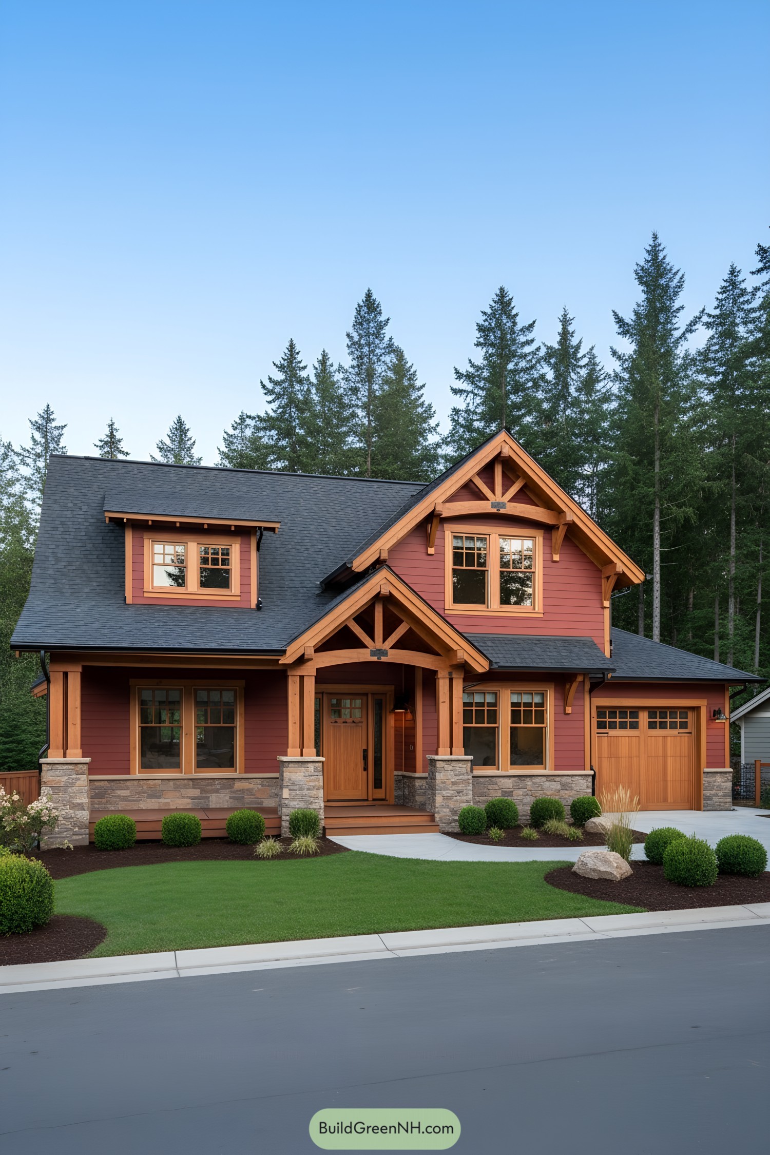 Red siding with natural wood trim and stone base