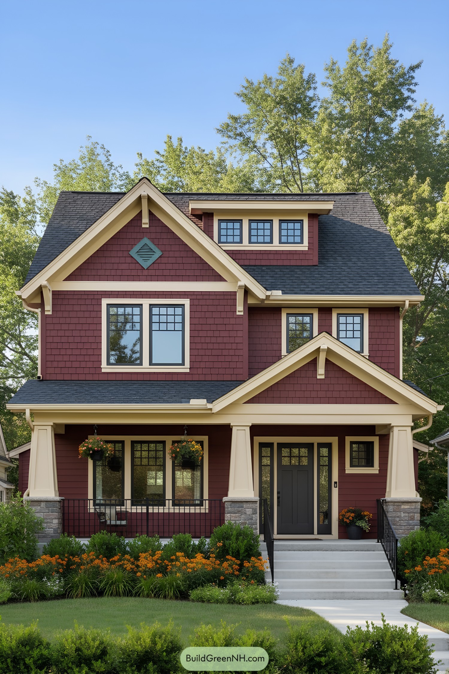 Red craftsman house with cream trim and black roof
