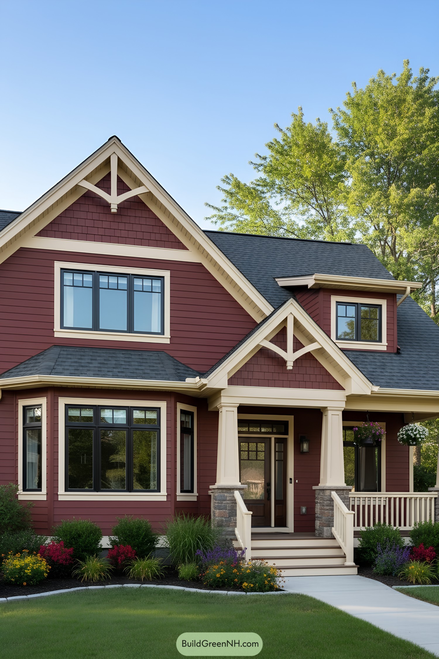 Red clapboard home with cream trim, black windows, and gabled porch