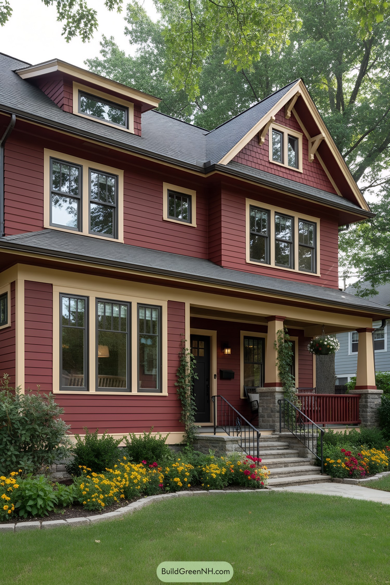 Red Craftsman house with cream trim and gable