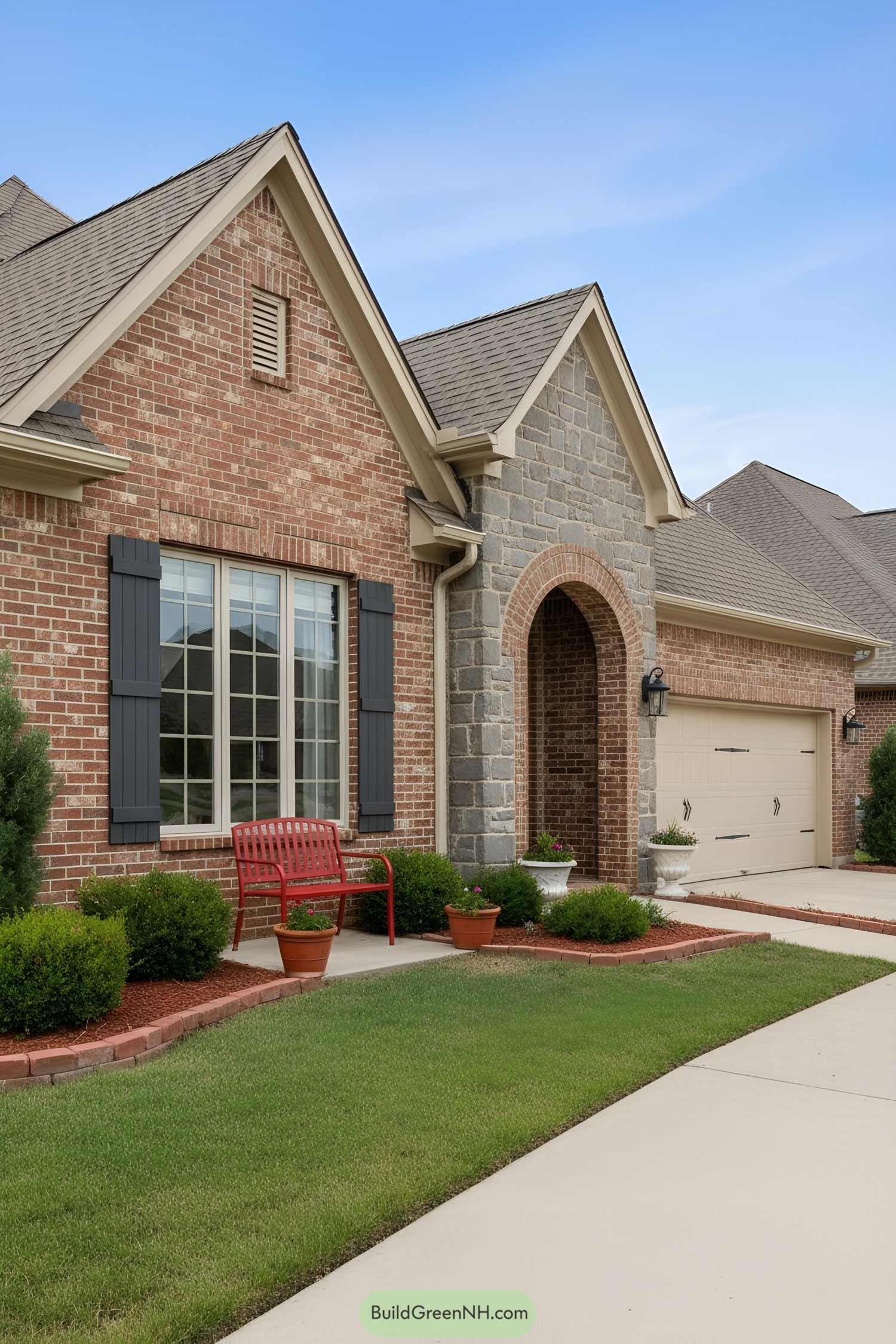 Red brick facade with gray stone entry