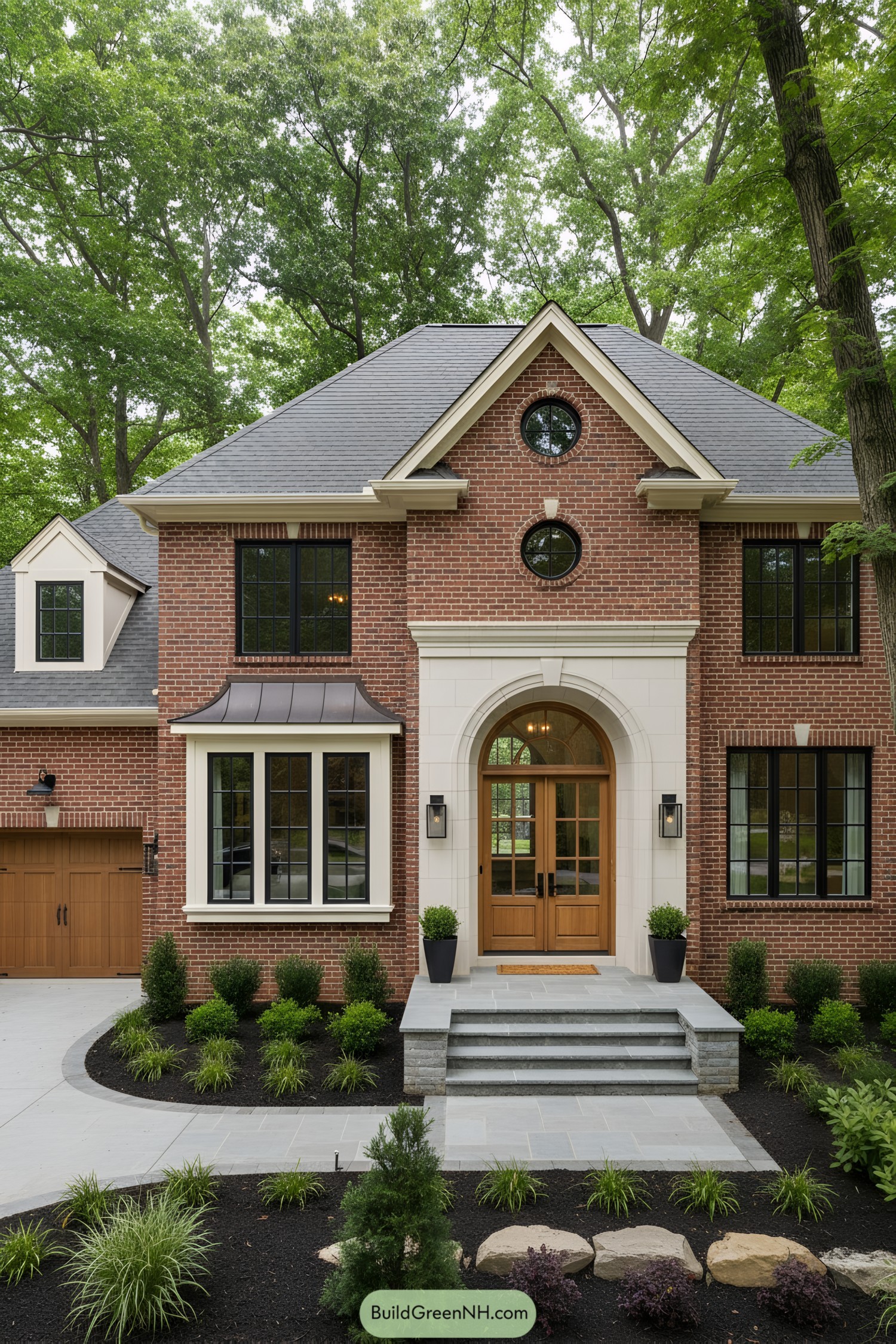 Red brick facade with arched limestone entry and wood door