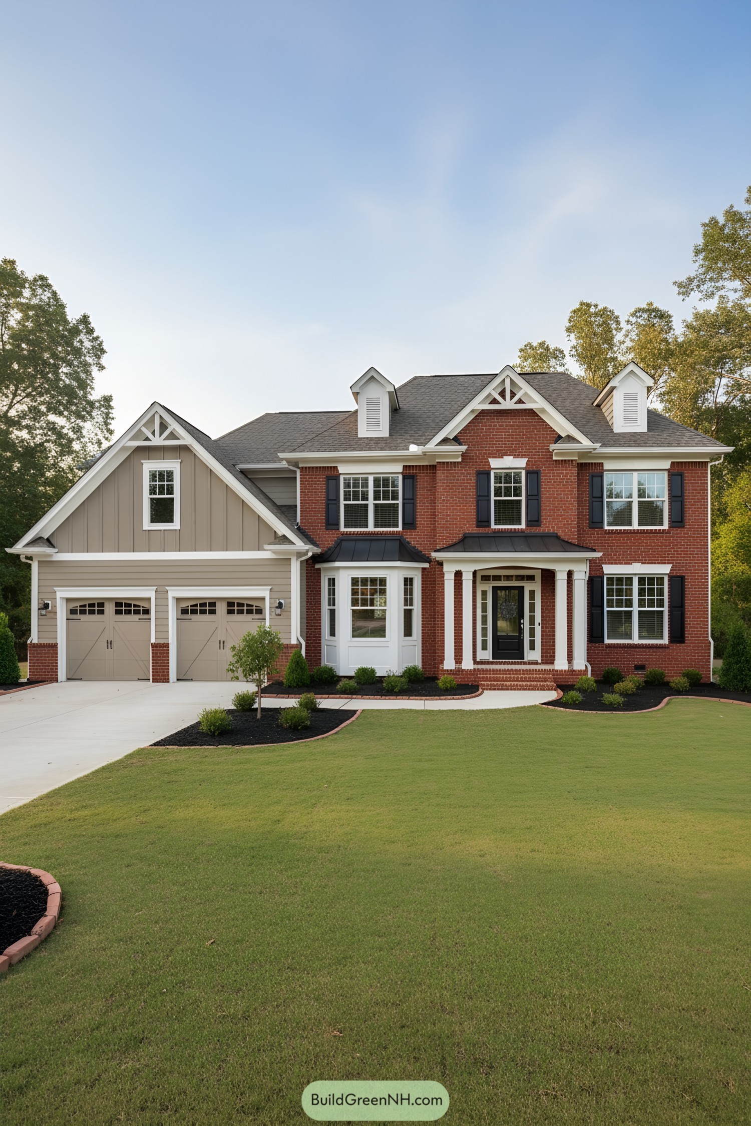 Two-story red brick house with black shutters, white trim, and taupe board-and-batten garage wing