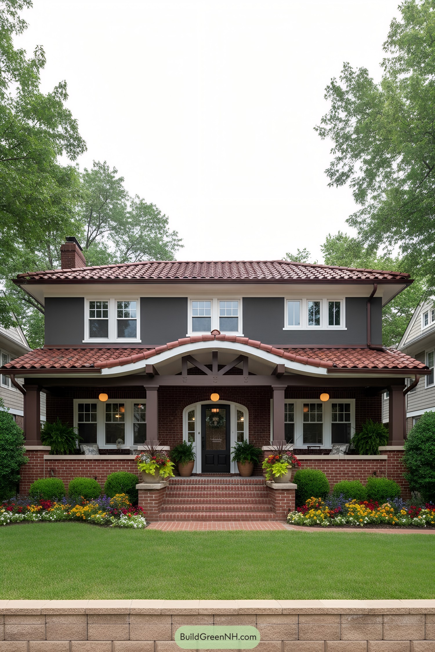 Two-story brick house with terracotta tile roof, gray upper siding, and arched porch