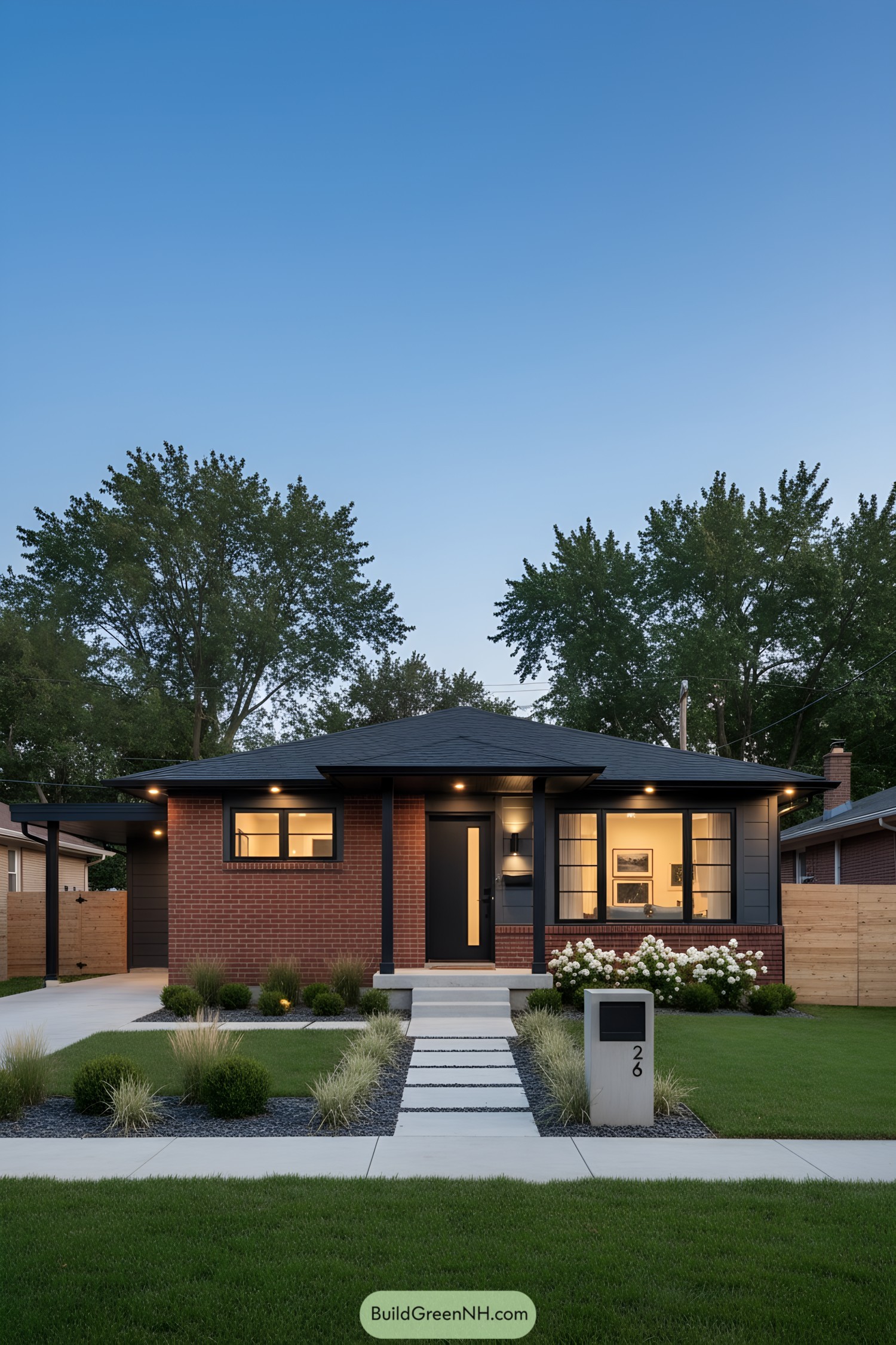 Contemporary brick ranch with black accents
