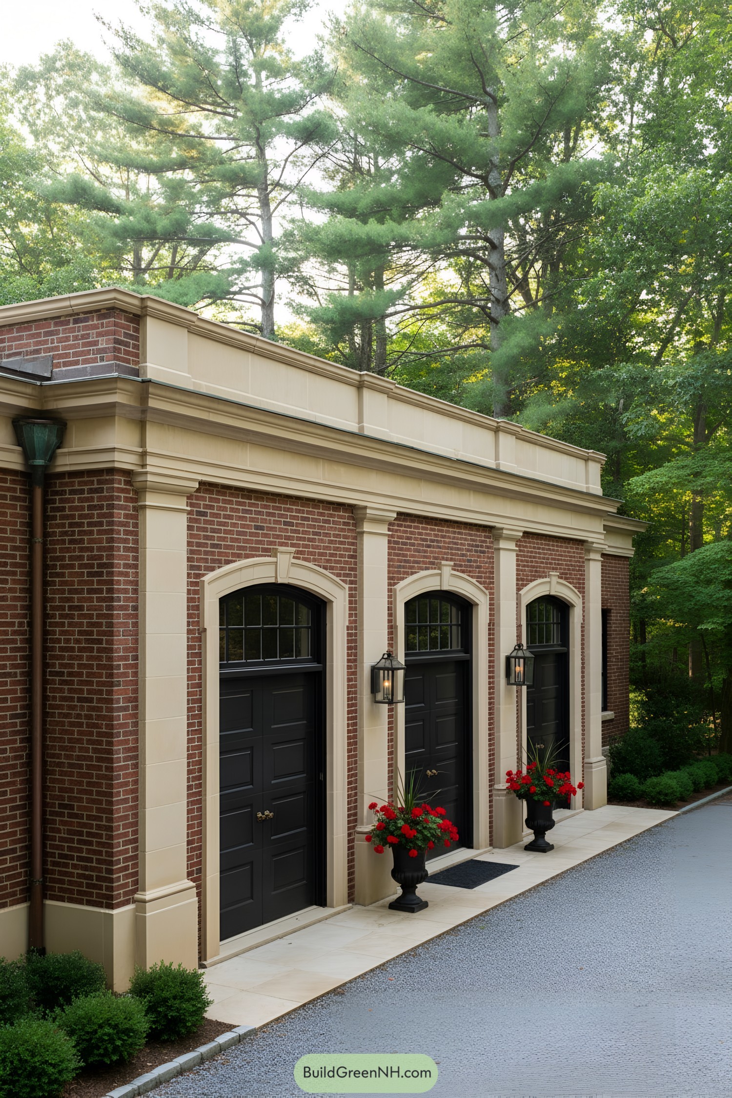 Elegant brick facade with black doors and red planters