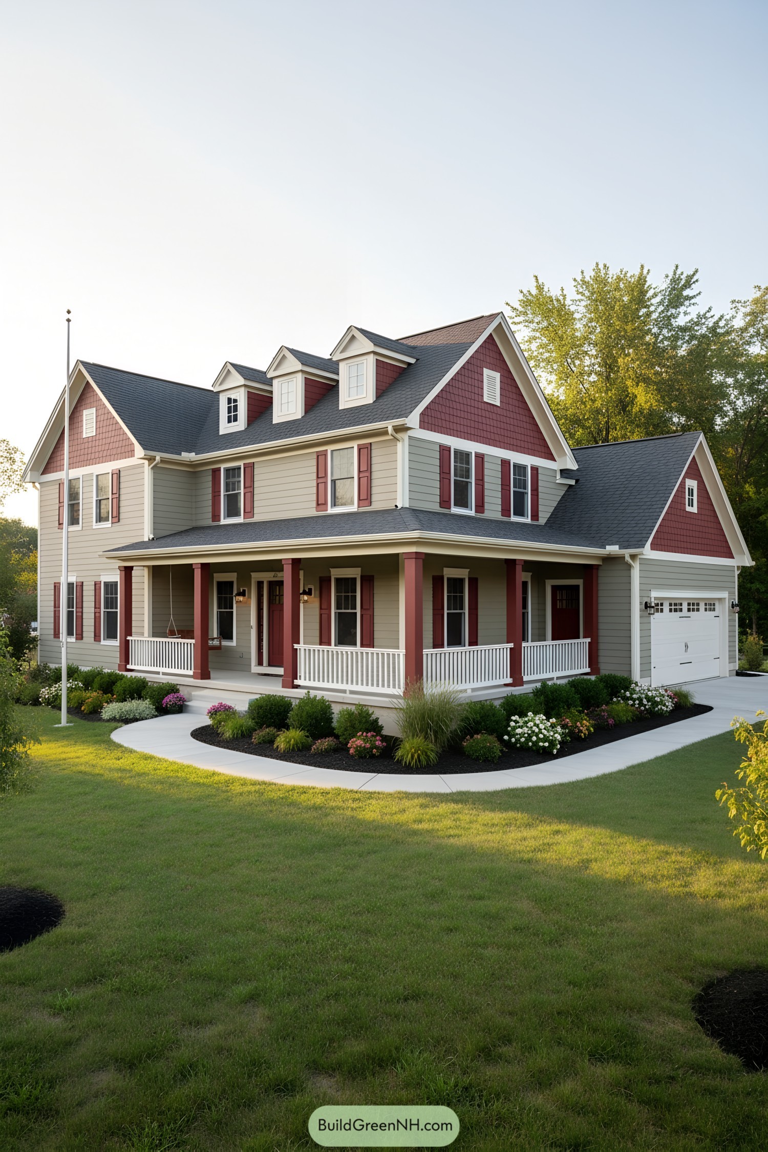Two-story home with red accents, beige siding, white trim, and wraparound porch