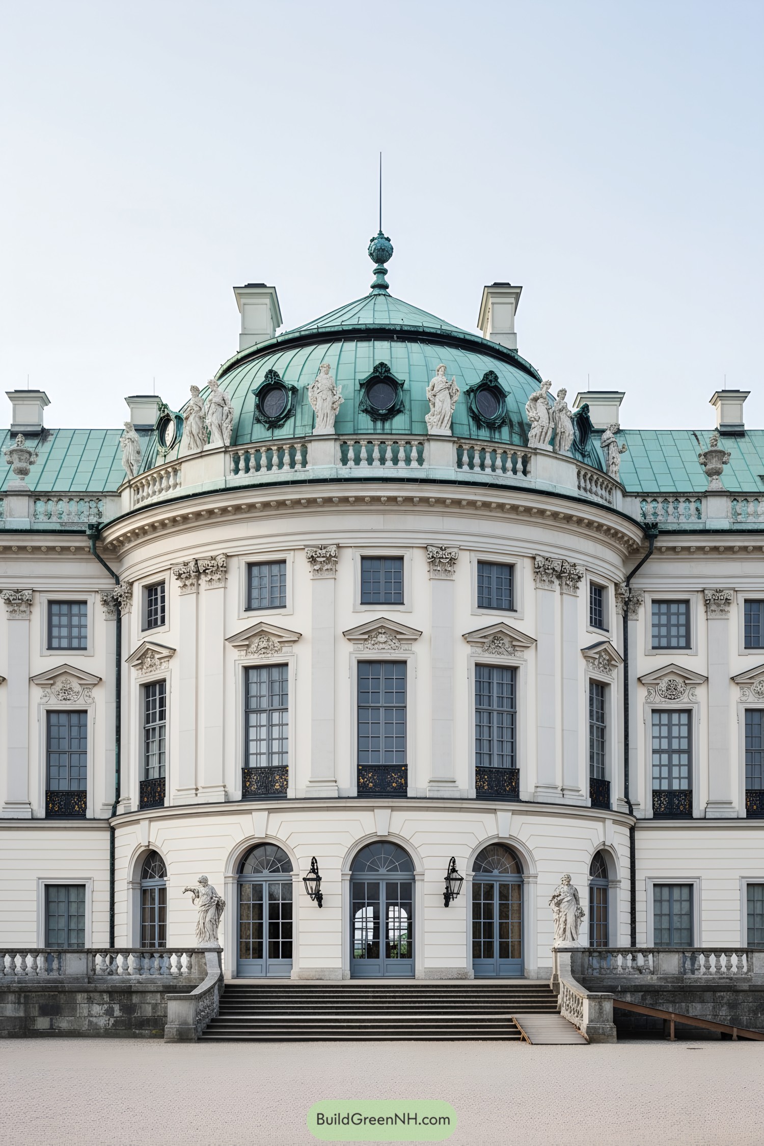 Grand palace facade with green domed rotunda