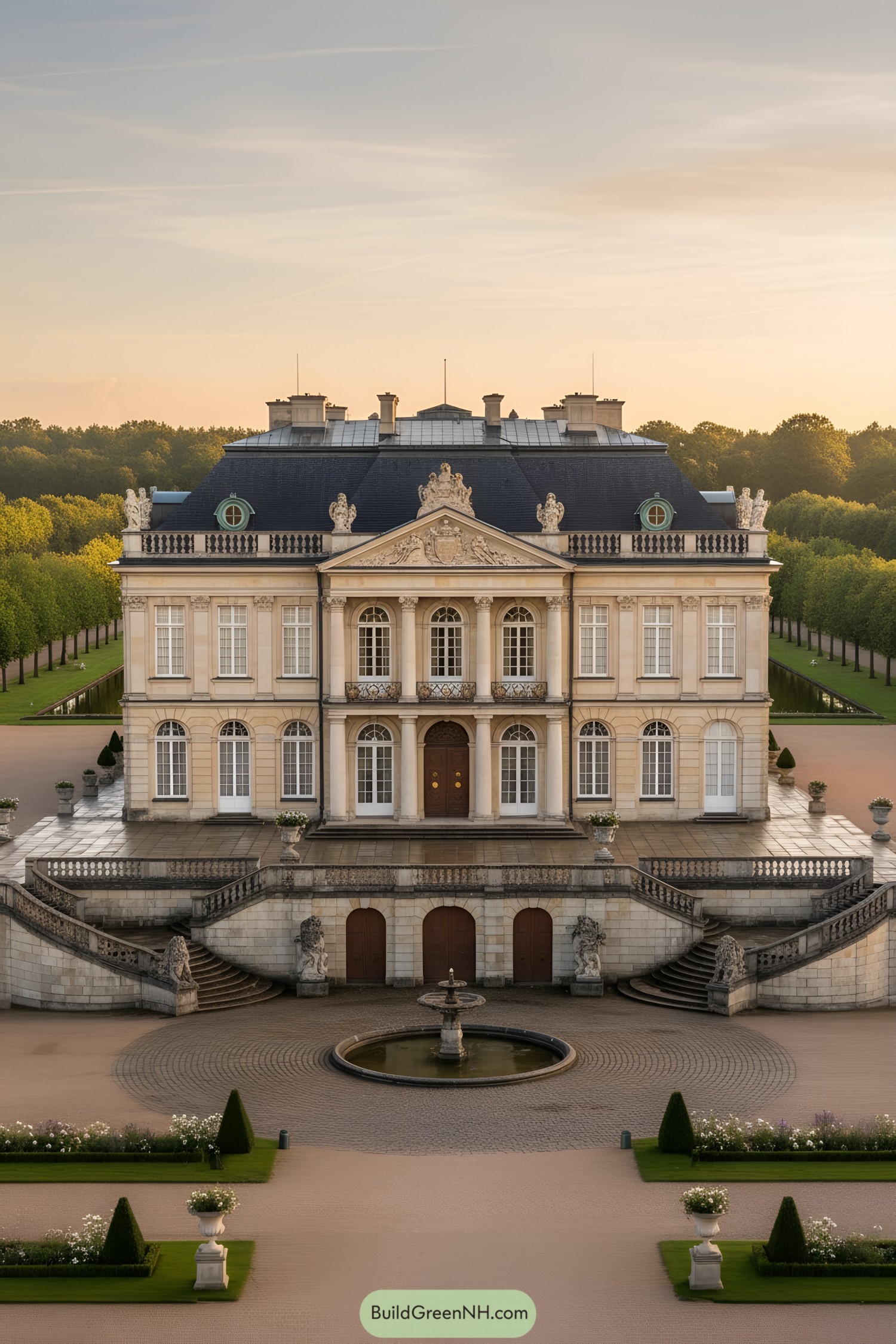 Stone chateau with mansard roof and fountain