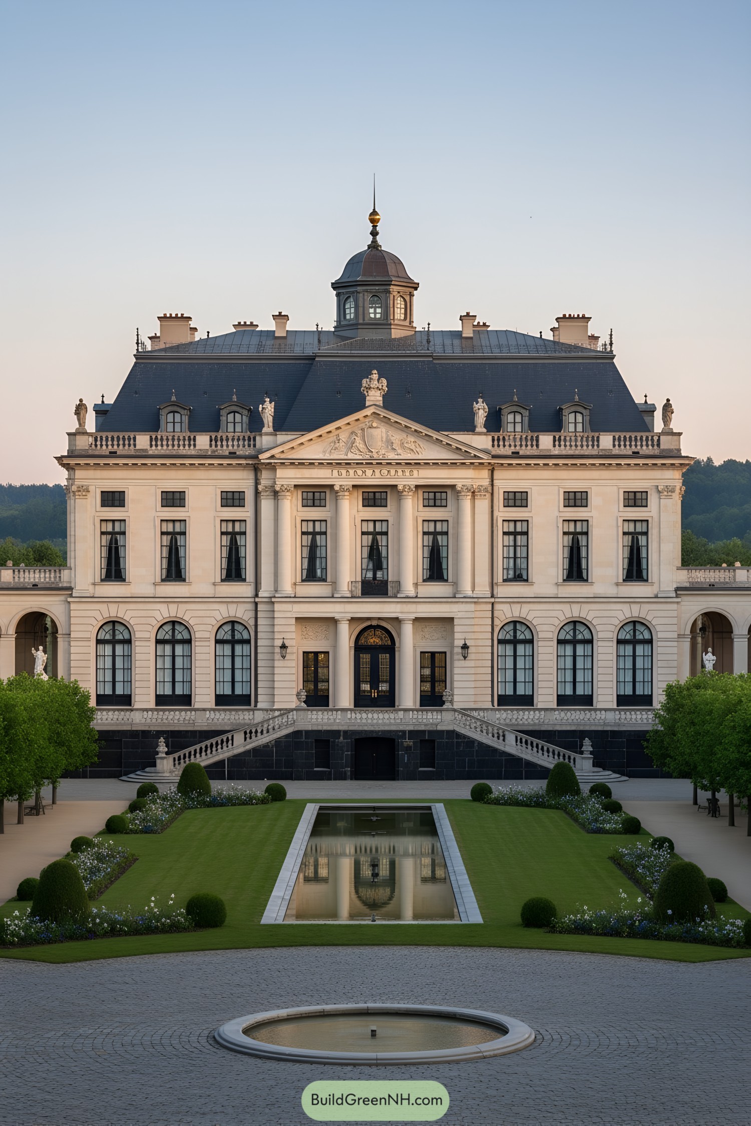 Grand chateau with slate roof, cupola, and terraced parterre