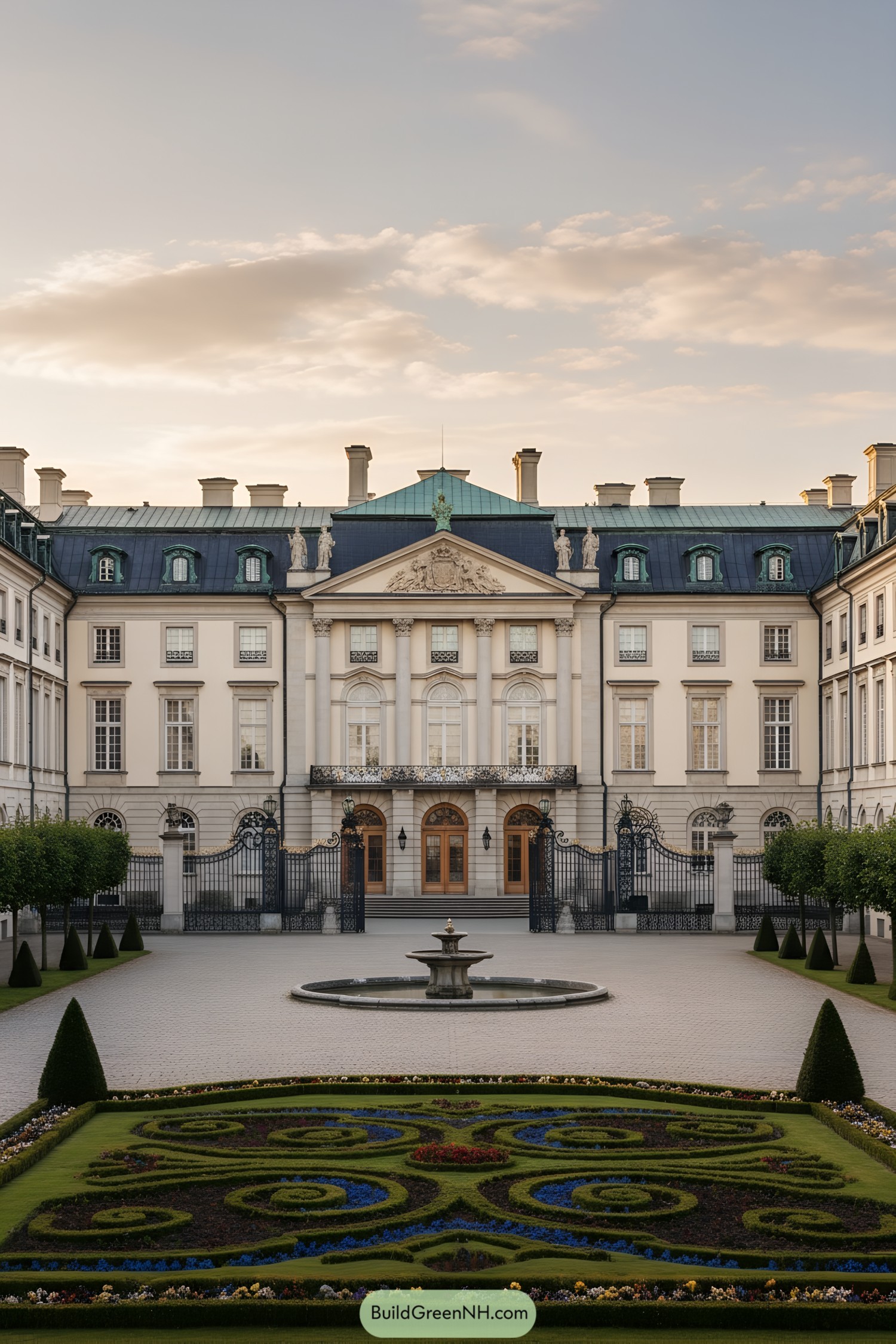 Formal palace courtyard with fountain and parterre