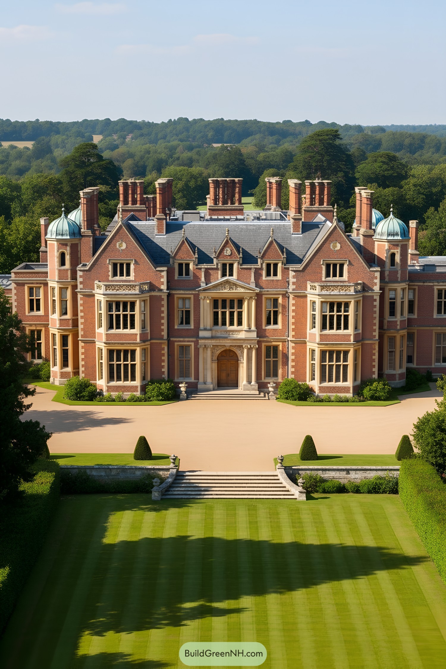 Grand brick manor with domed turrets and formal lawn